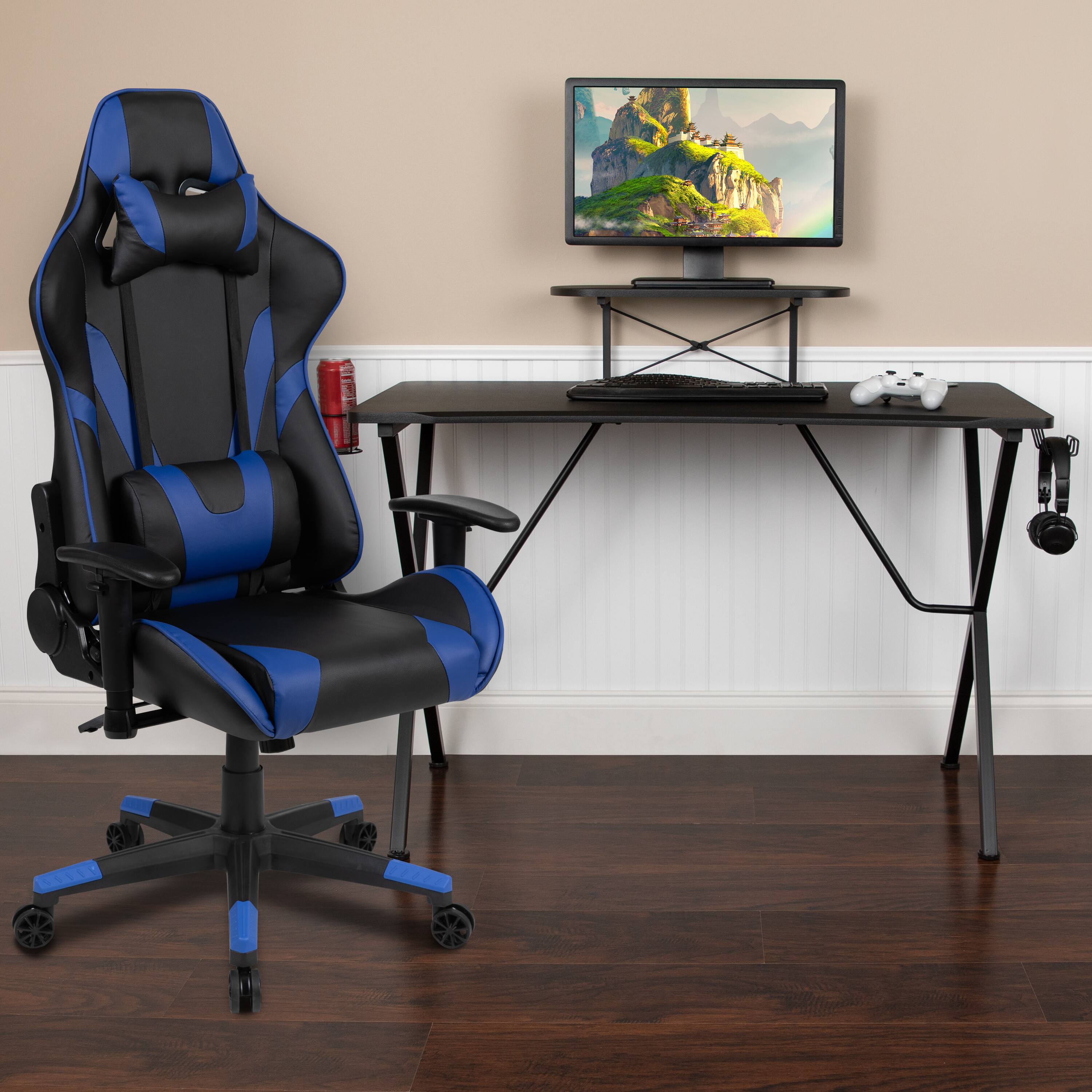 Alt View 1. Emma + Oliver - Gaming Desk & Chair Set - Cup Holder, Headphone Hook, and Monitor Stand - Blue.