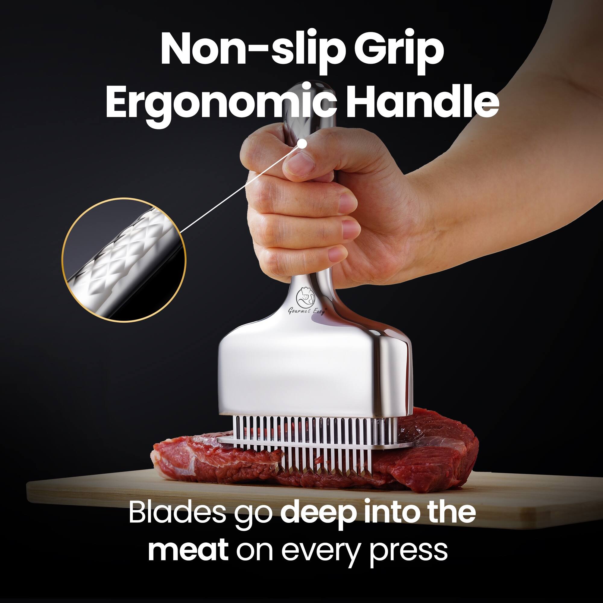 Non-slip Grip Ergonomic Handle

Blades go deep into the meat on every press