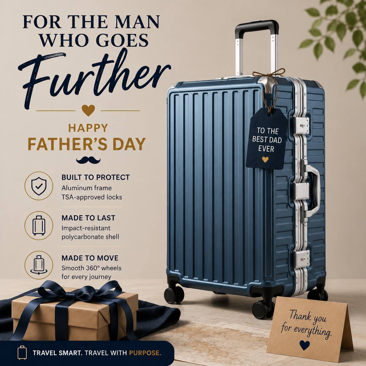 FOR THE MAN WHO GOES Further, HAPPY FATHER'S DAY TO THE BEST DAD EVER

BUILT TO PROTECT
- Aluminum frame
- TSA-approved locks

MADE TO LAST
- Impact-resistant polycarbonate shell

MADE TO MOVE
- Smooth 360° wheels for every journey

TRAVEL SMART. TRAVEL WITH PURPOSE.

Thank you for everything.
