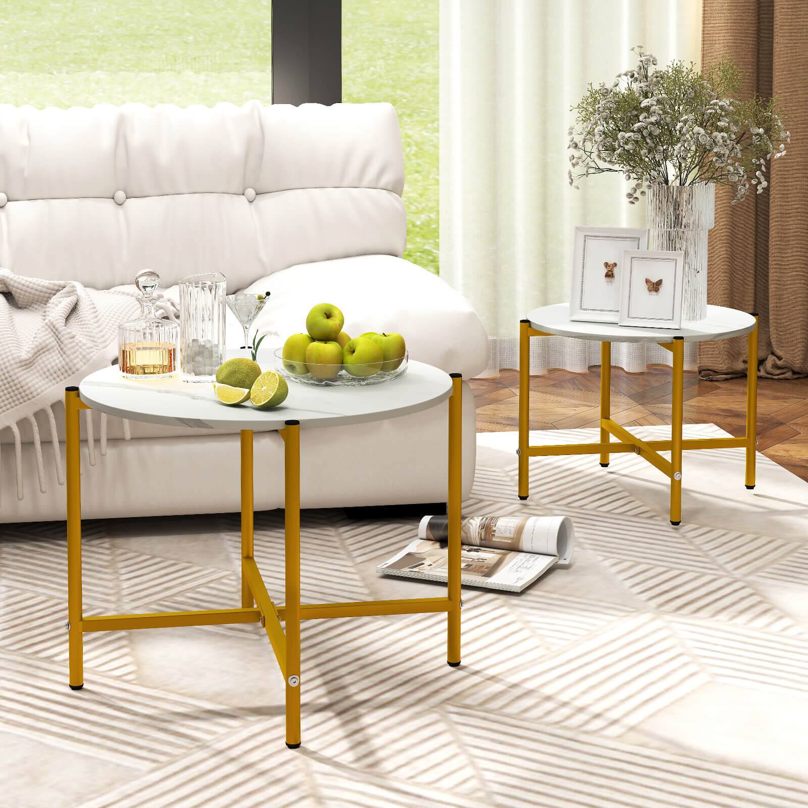 Alt View 4. Costway - Costway Round Coffee Table Set of 2 21.5" & 25.5" Nesting Coffee Tables Circle End Table White - White,Gloden.