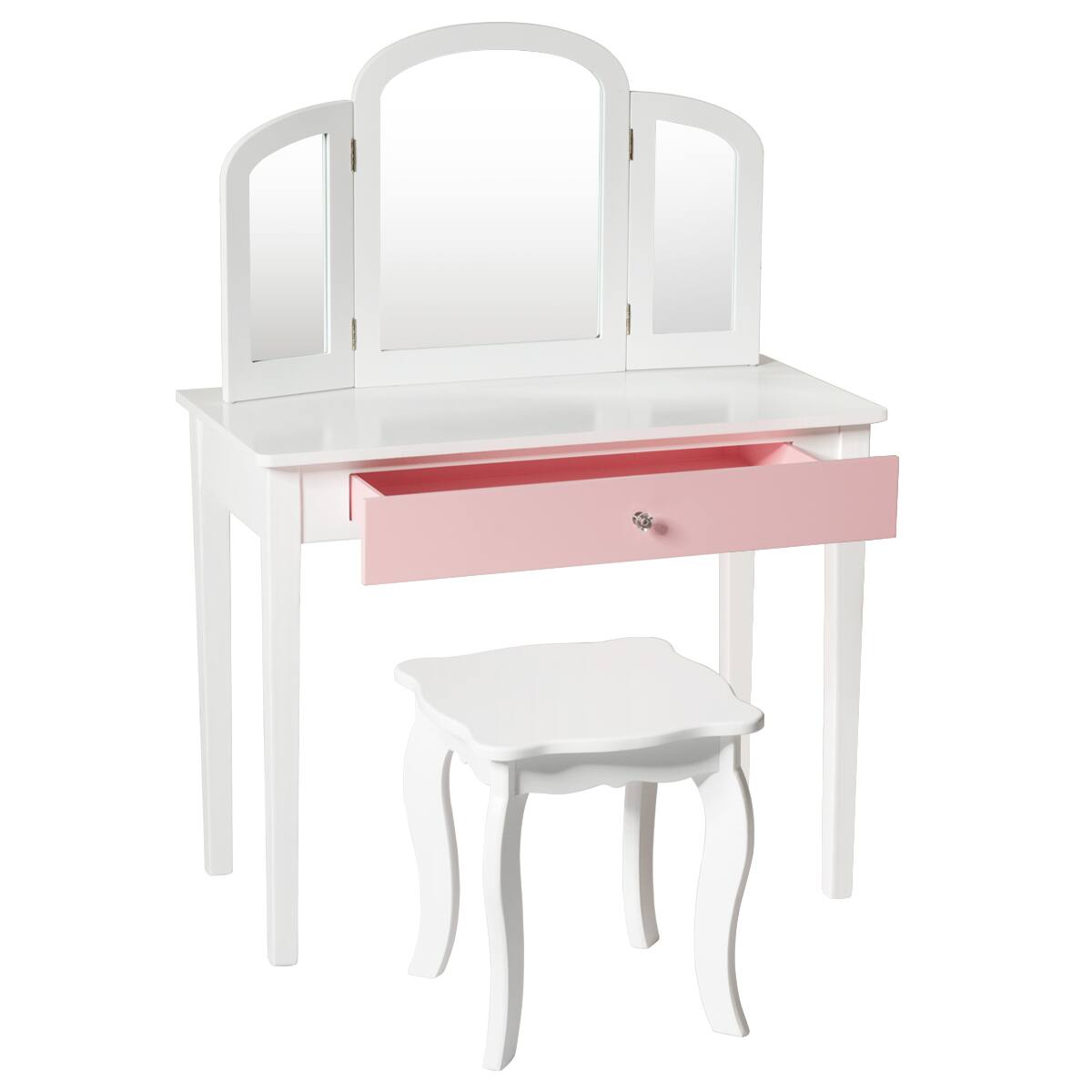 Costway - Kids Vanity Set Princess Makeup Dressing Play Table Set W/Mirror - White