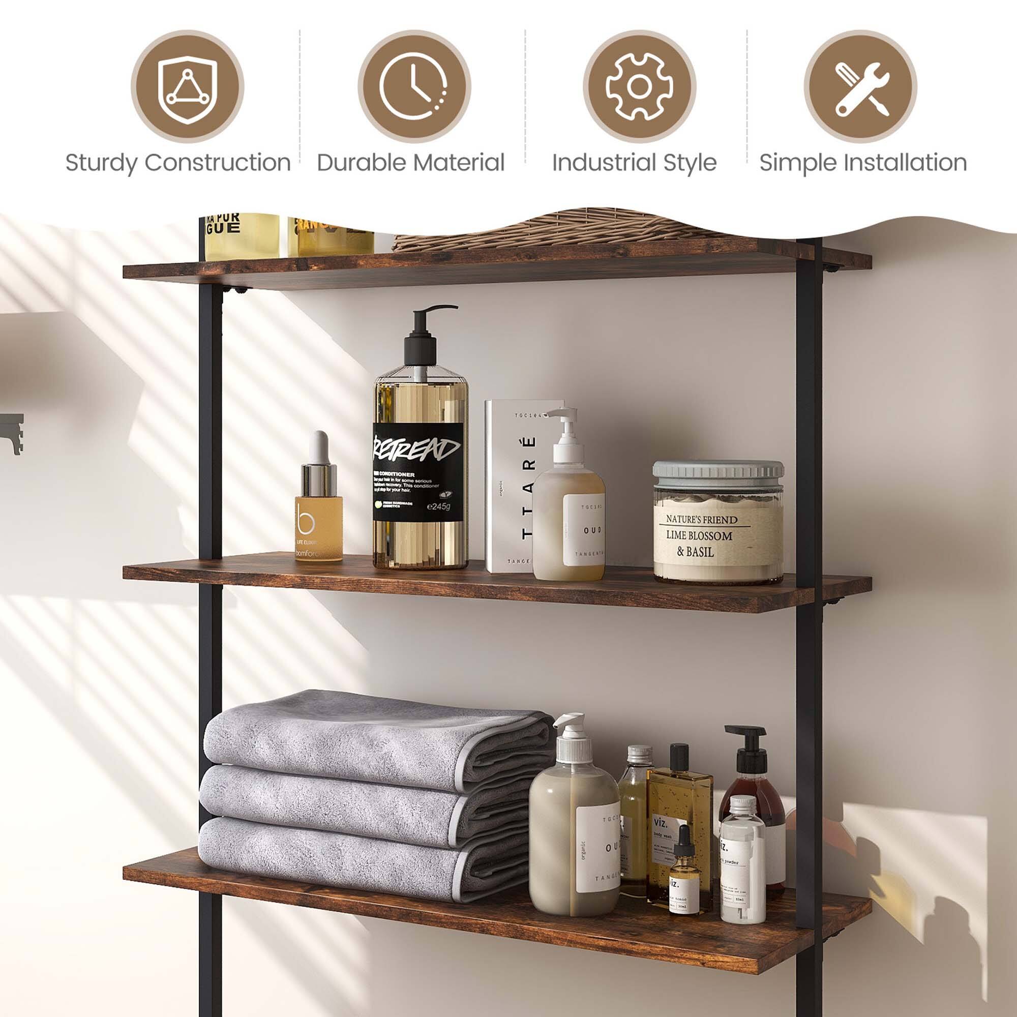 The image features a shelf with various items on it, including towels, bottles, and possibly other bathroom essentials. The shelf is made of wood and is designed to hold these items securely. The items on the shelf are organized in a way that makes it easy to access and use them. The shelf is sturdy and durable, ensuring that it can withstand regular use and last for a long time. The industrial style of the shelf adds a modern and sleek touch to the bathroom decor. The simple installation process makes it easy for anyone to set up and use the shelf in their bathroom.