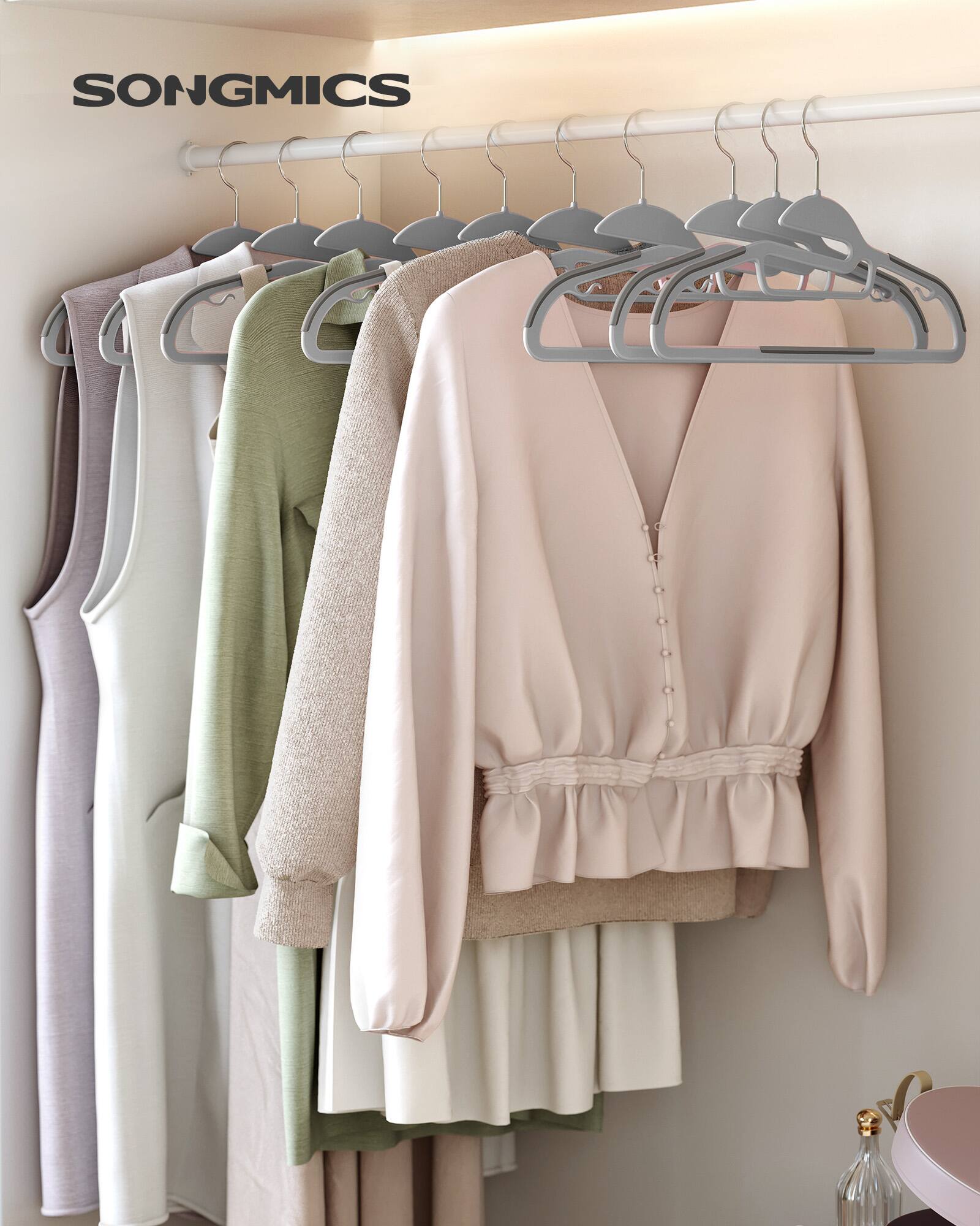 Left. Songmics Home - 50 Pack Coat Hangers, Heavy-Duty Plastic Suit Hangers, S-Shaped Opening, Non-Slip, Space-Saving, 360º Swivel Hook - Light Gray and Dark Gray.