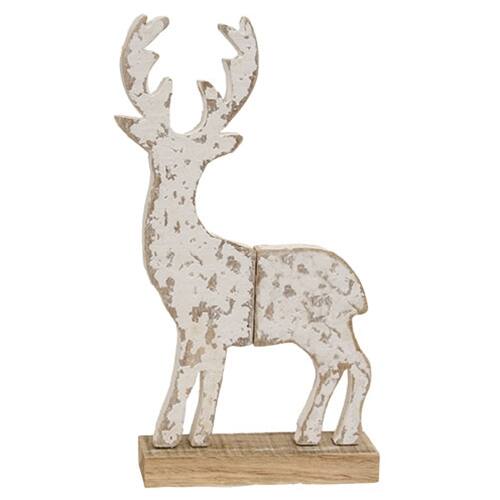 Front. BreeBe - *Distressed Wooden Snowy Reindeer on Base - White.