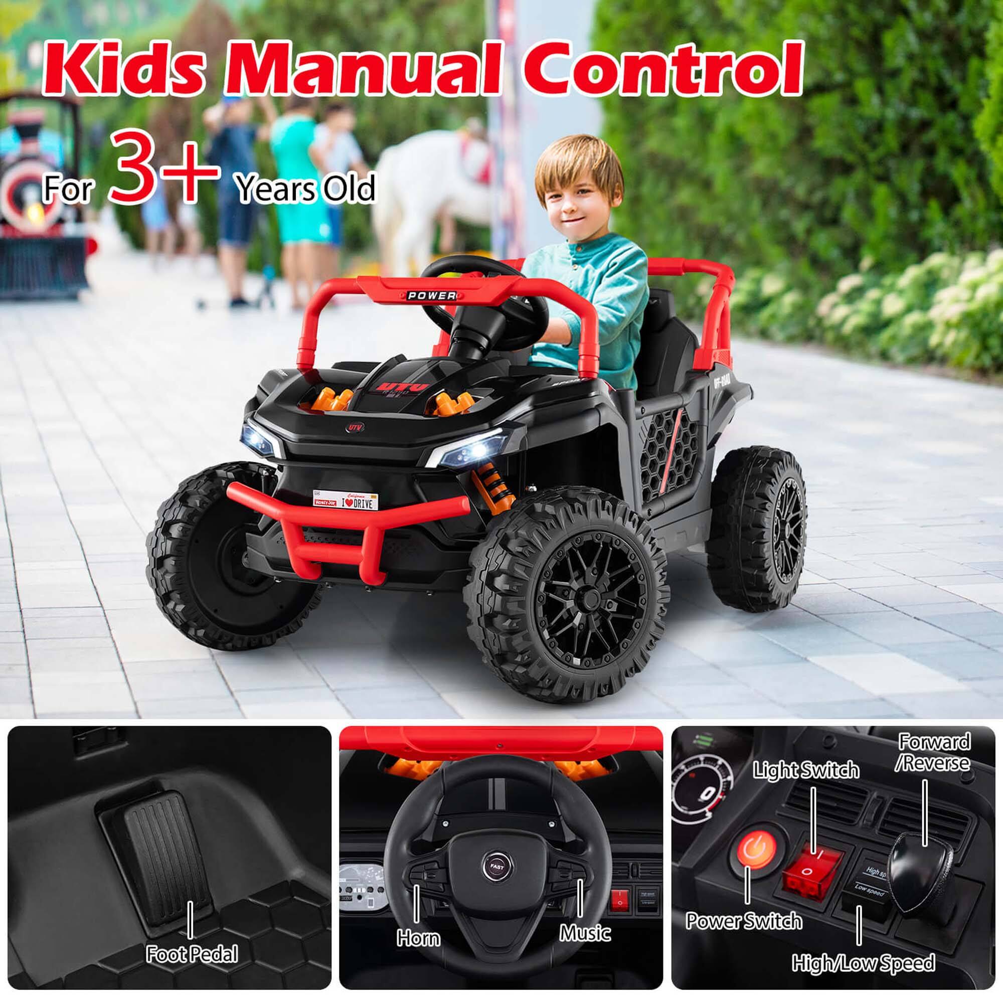 Kids Manual Control  
For 3+ Years Old  

- Foot Pedal  
- Horn  
- Music  
- Power Switch  
- Light Switch  
- Forward/Reverse  
- High/Low Speed
