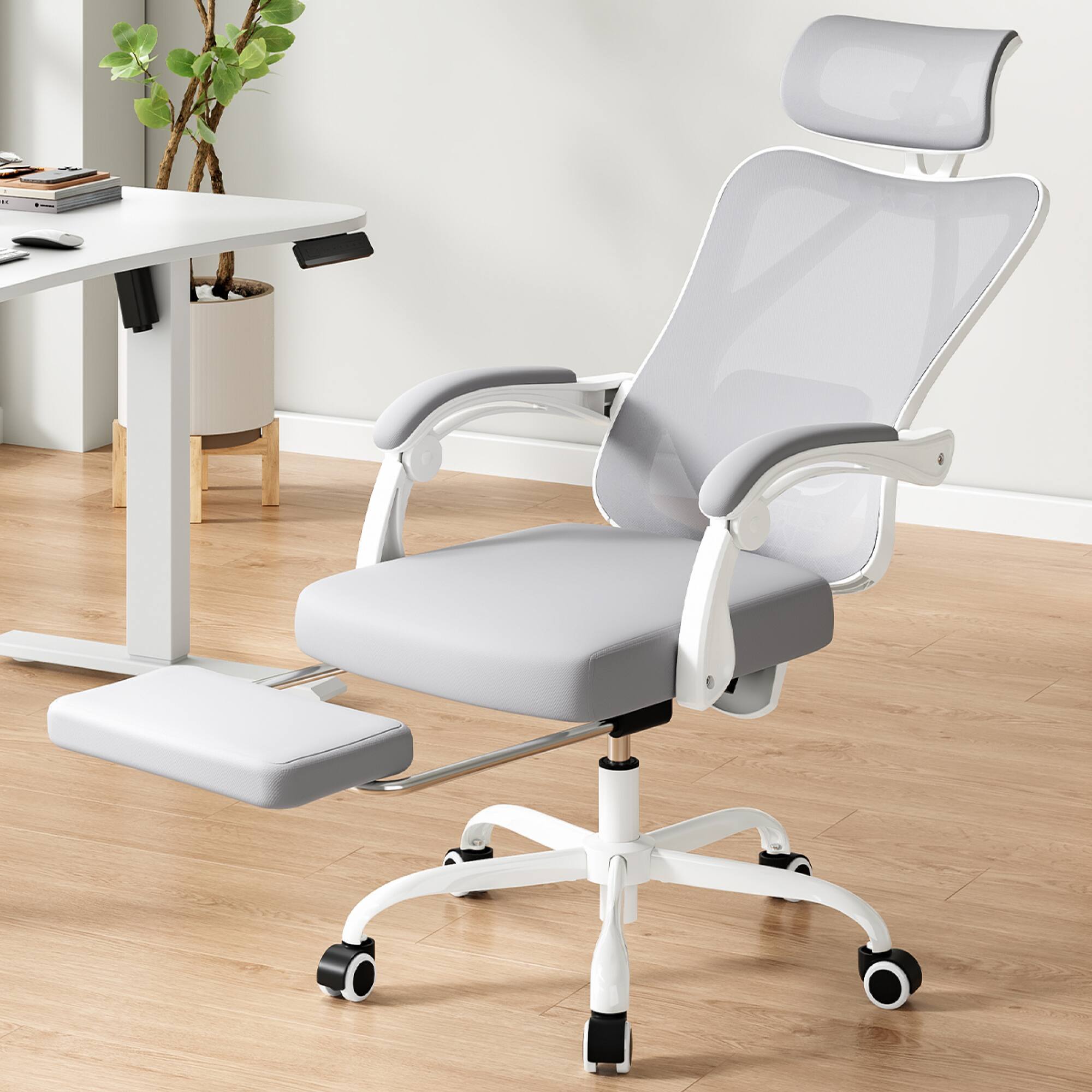 Back. GOODSILO - Ergonomic High-Back Mesh Office Chair with Adjustable Lumbar Support and Retractable Footrest for Home and Office Use - Grey.