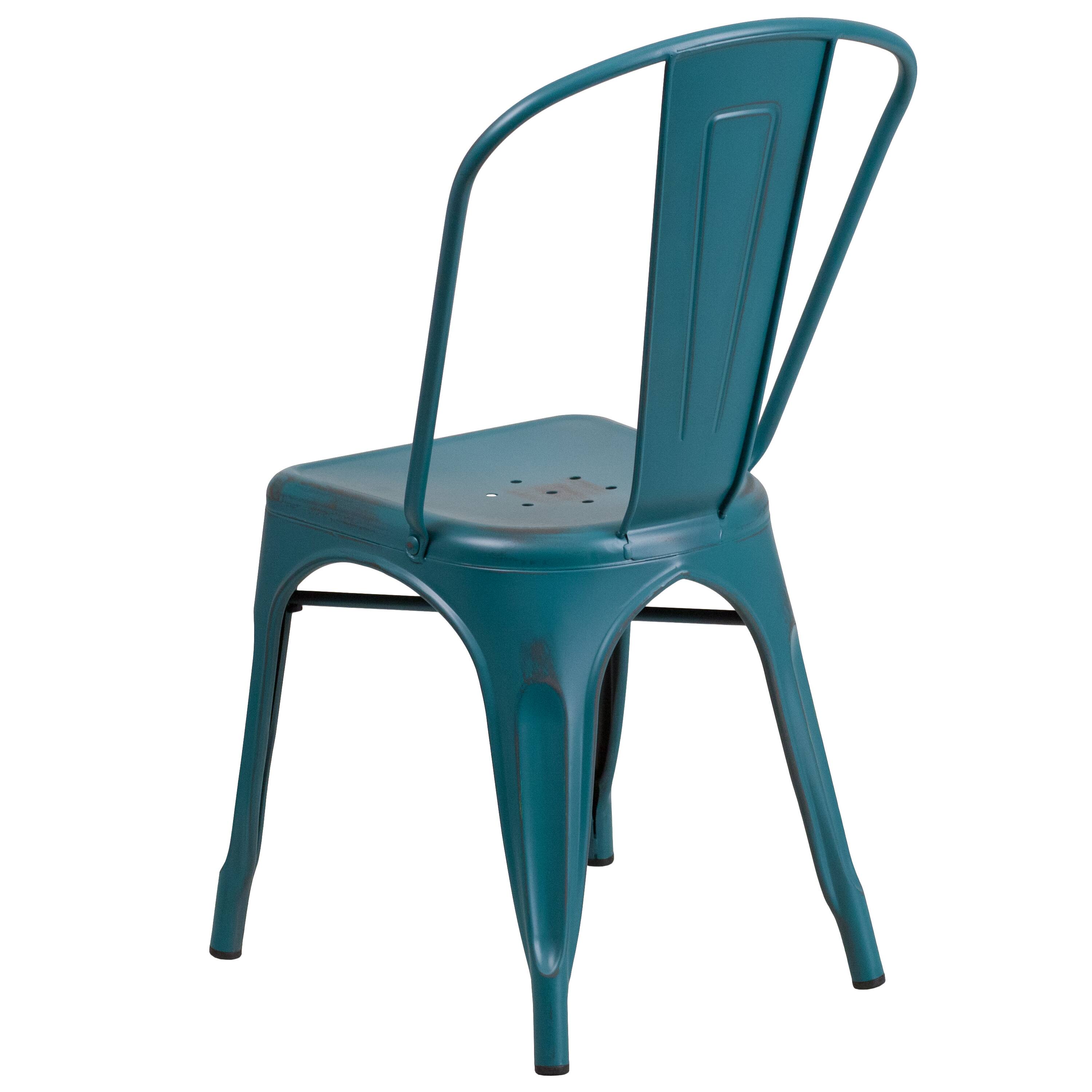 Alt View 5. Emma + Oliver - Commercial Grade Distressed Colorful Metal Indoor-Outdoor Stackable Chair - Kelly Blue-Teal.