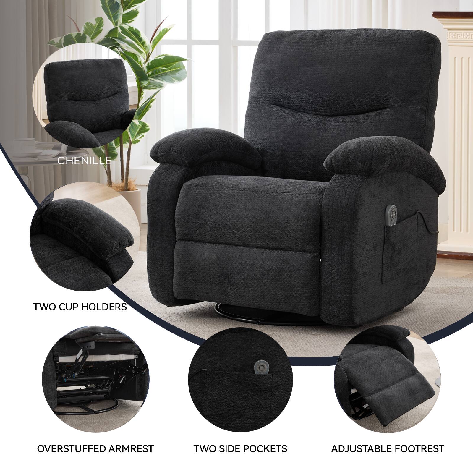 - CHENILLE
- TWO CUP HOLDERS
- OVERSTUFFED ARMREST
- TWO SIDE POCKETS
- ADJUSTABLE FOOTREST