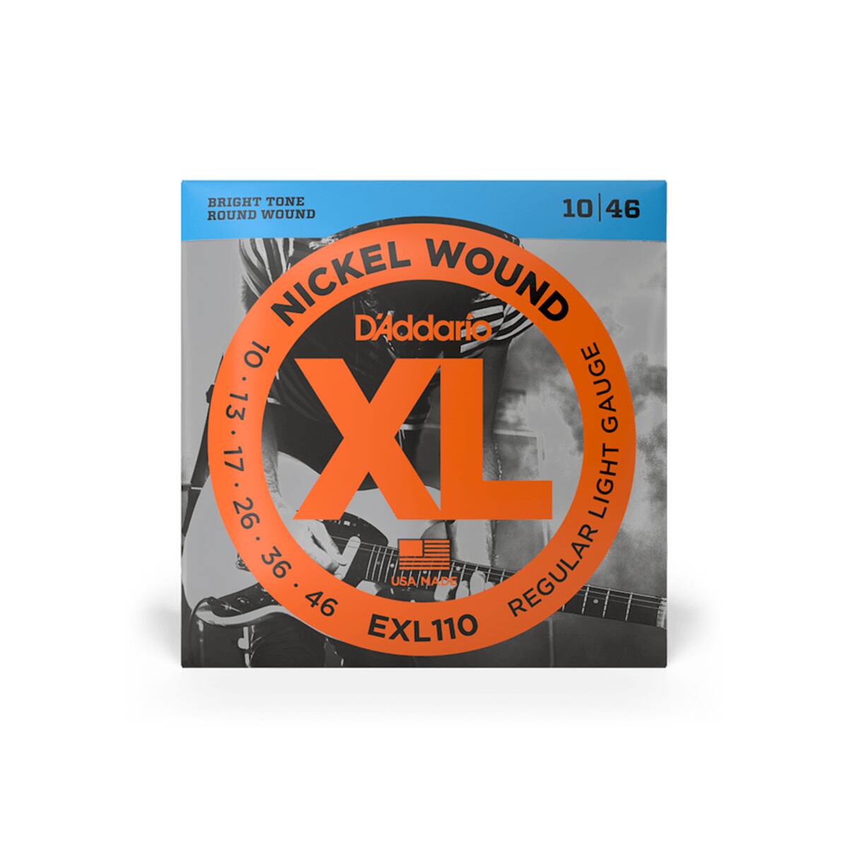 BRIGHT TONE ROUND WOUND  
10 | 46  
NICKEL D'Addario  
WOUND 10  
10 .13 13 GAUGE  
17 26 XL LIGHT  
36 USA REGULAR MADE  
46 EXL110