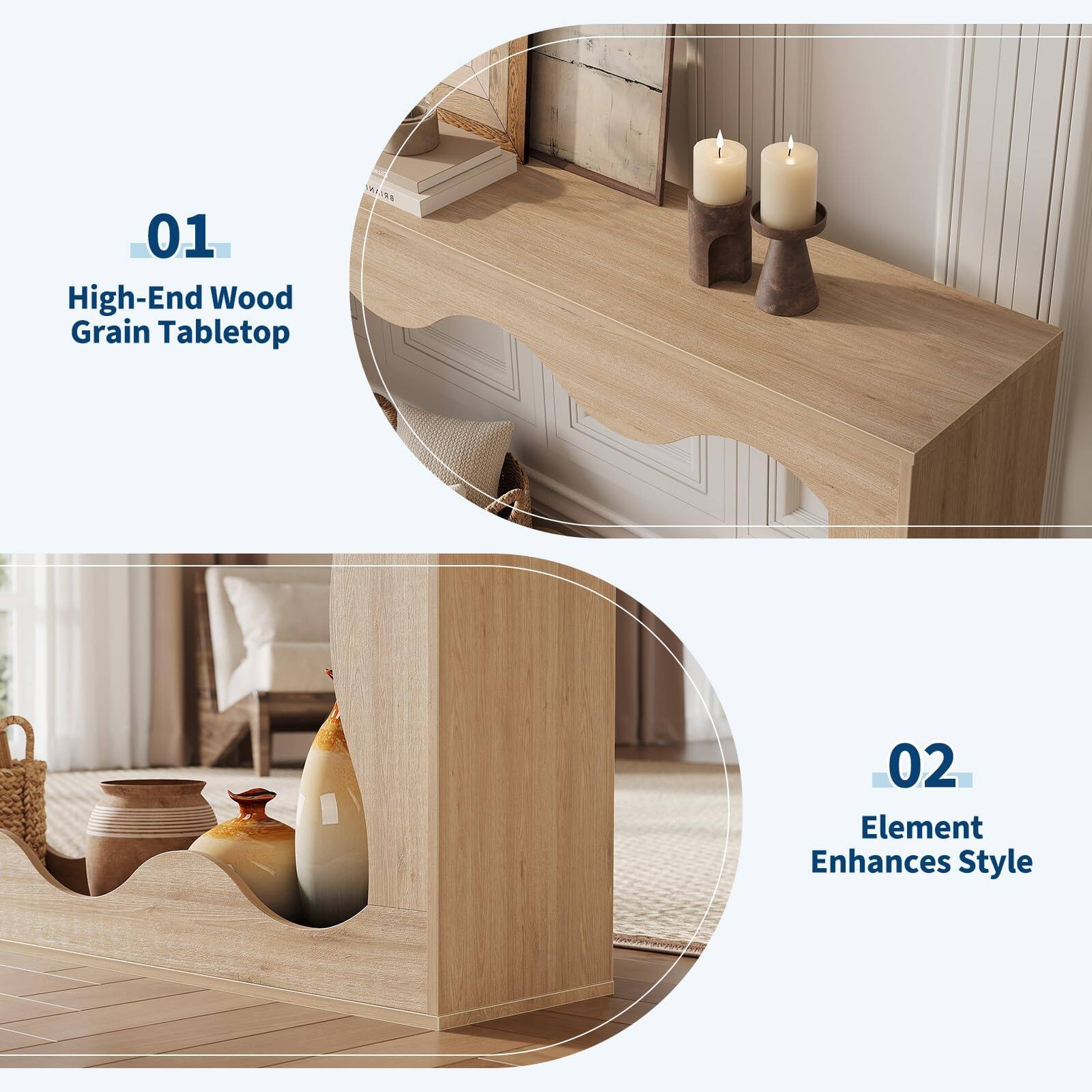 01 High-End Wood Grain Tabletop  
02 Element Enhances Style