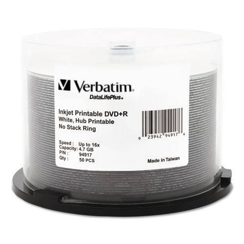 Verbatim
DataLifePlus
Inkjet Printable DVD+R
White, Hub Printable
No Stack Ring
Speed: Up to 16x
Capacity: 4.7 GB
P/N: 94917
Qty: 50 PCS
Made in Taiwan