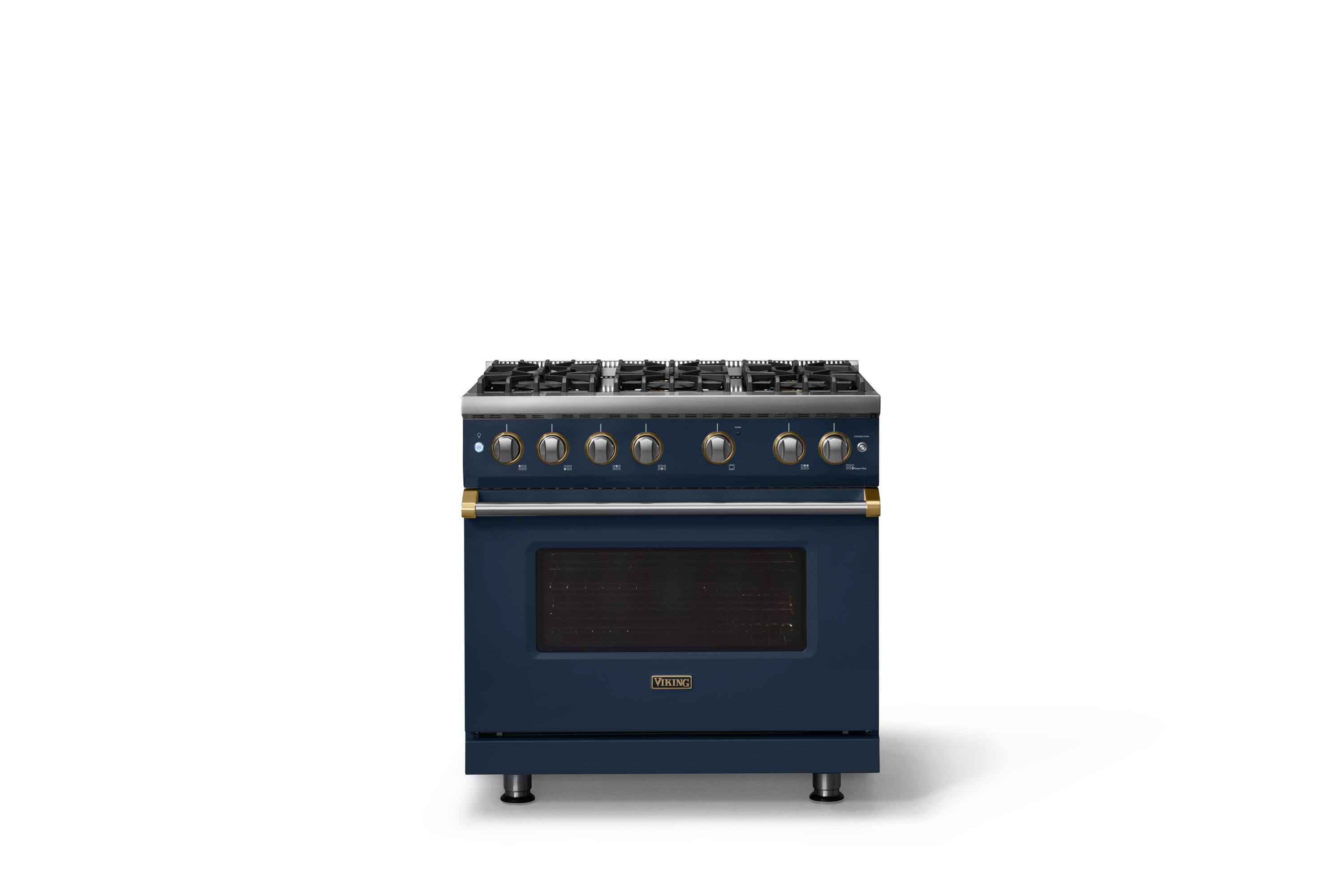 Alt View 1. Viking - Pro 5 Series 5.1 Cu. Ft. Freestanding Sealed 6 Burner Gas Convection Range - Damascus Gray w. Brushed Brass Trim - Slate Blue.