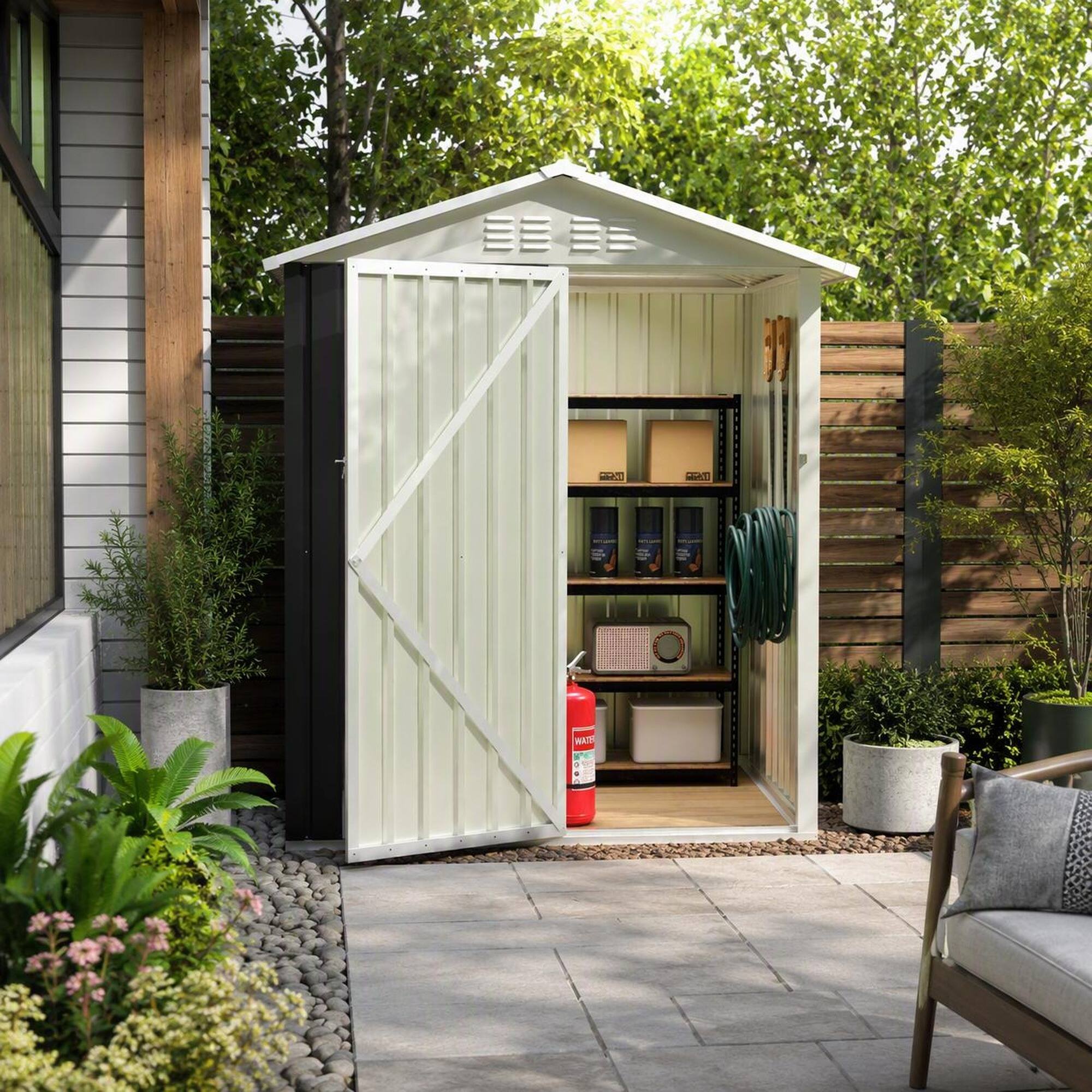 Left. RYHNUYNE - 5.4x4.24 FT Outdoor Garden Storage Shed,Heavy Duty Metal Frame Weather Resistant Tool Shed for Patio - Grey.
