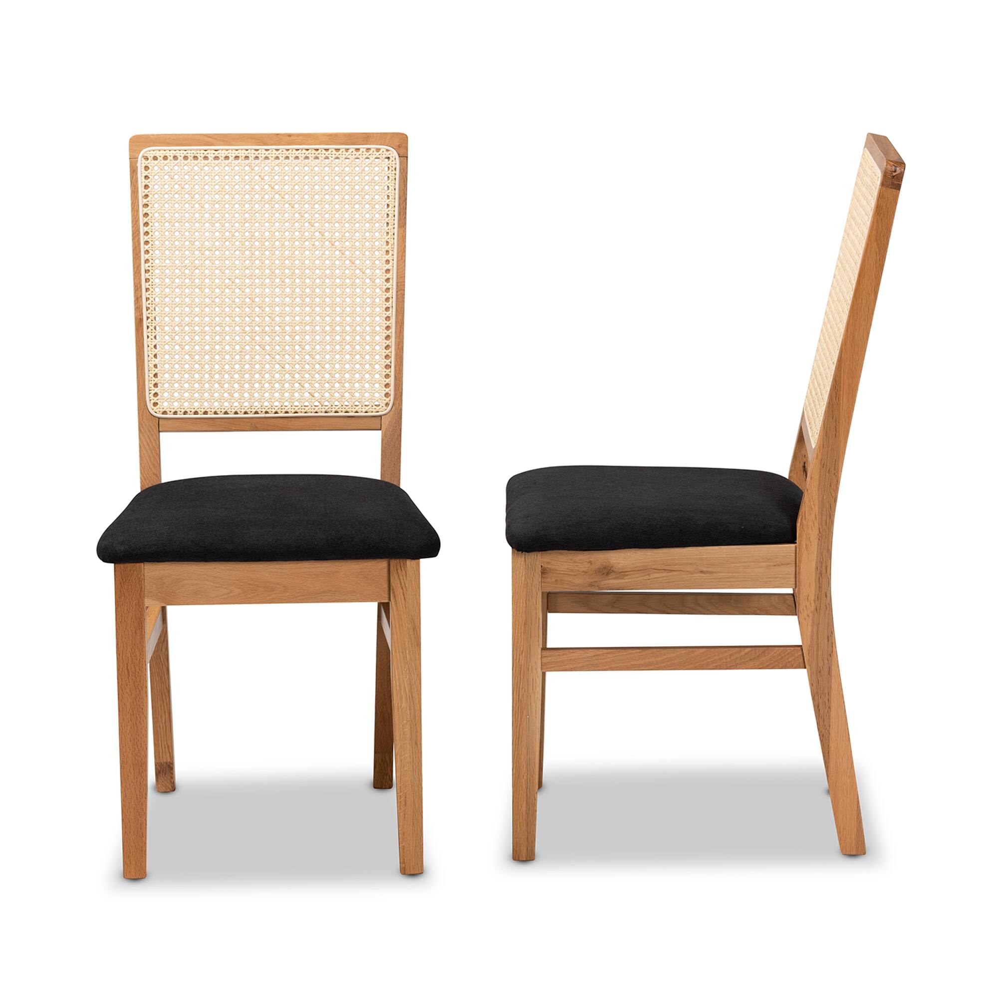Left. Baxton Studio - Idris Mid-Century Modern Fabric Upholstered and Oak Finished 2-Piece Rattan Dining Chair Set - Black/Oak Brown.