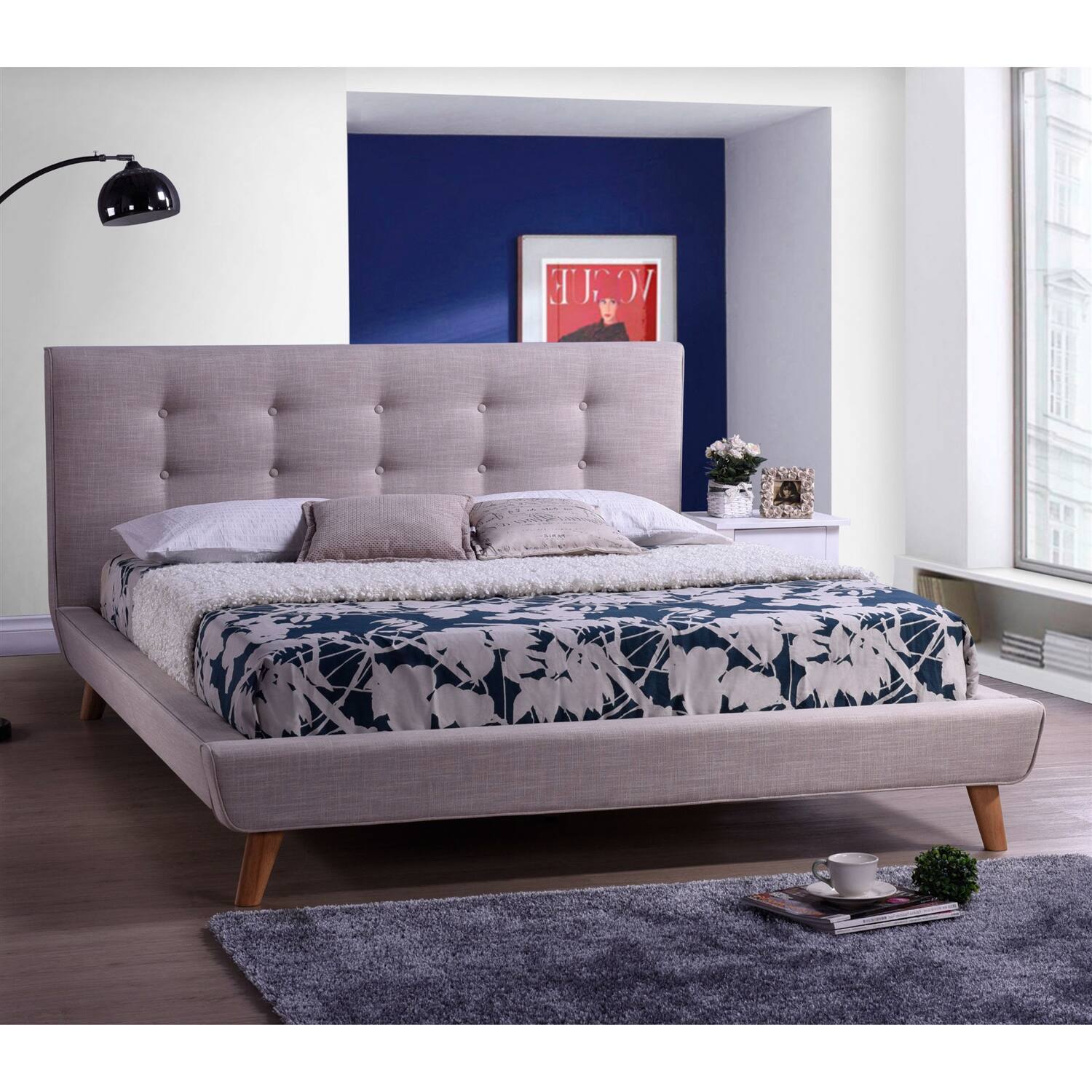 Angle. Hivvago - Hivvago Full size Linen Upholstered Platform Bed with Button Tufted Headboard - Purple.