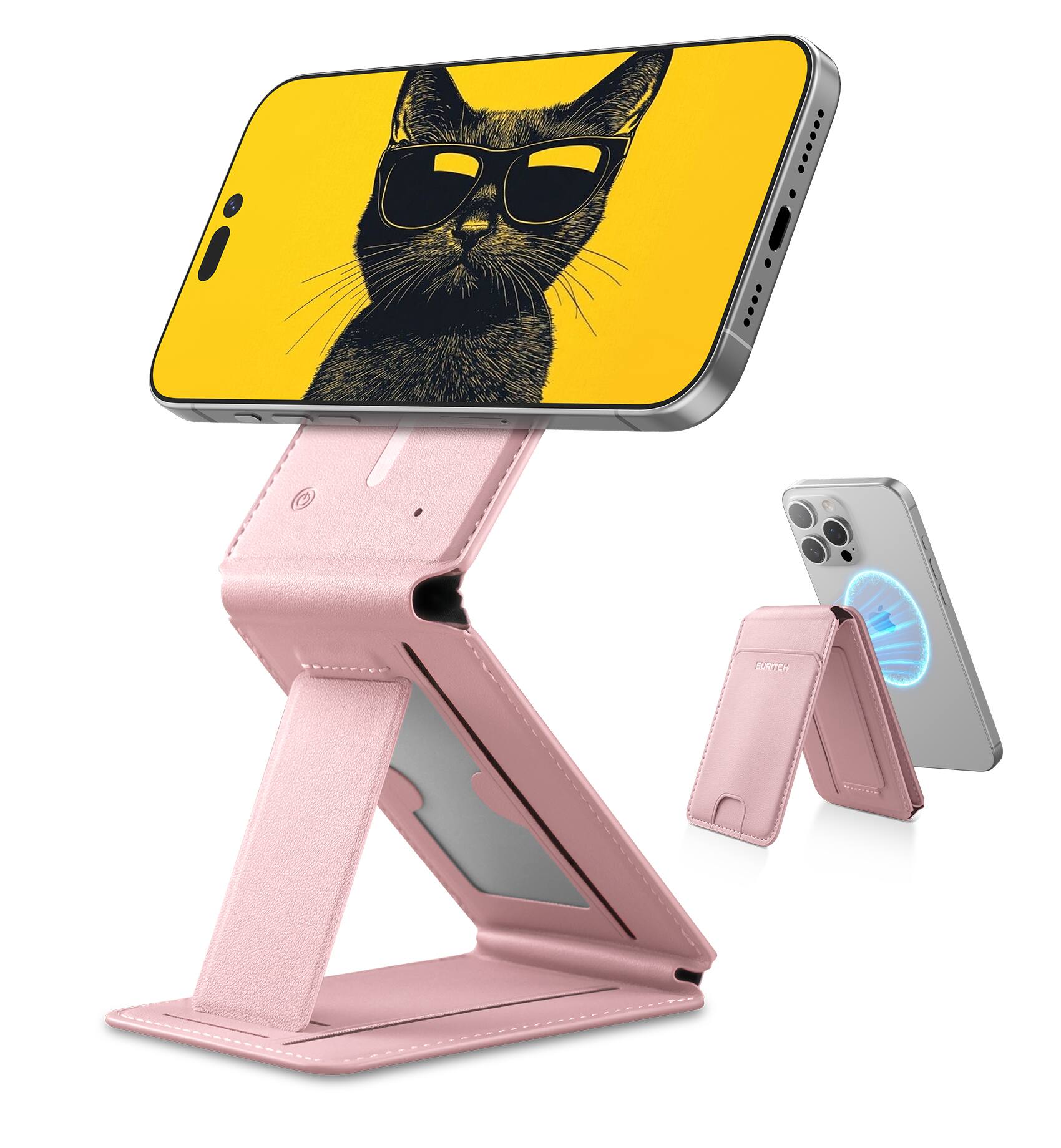 Angle. SURITCH - NFC-Supported Card Holder for iPhone 18/17/16/15/14/13/12 Series MagSafe Magnet Wallet, Adjustable Selfie Stick - Pink.
