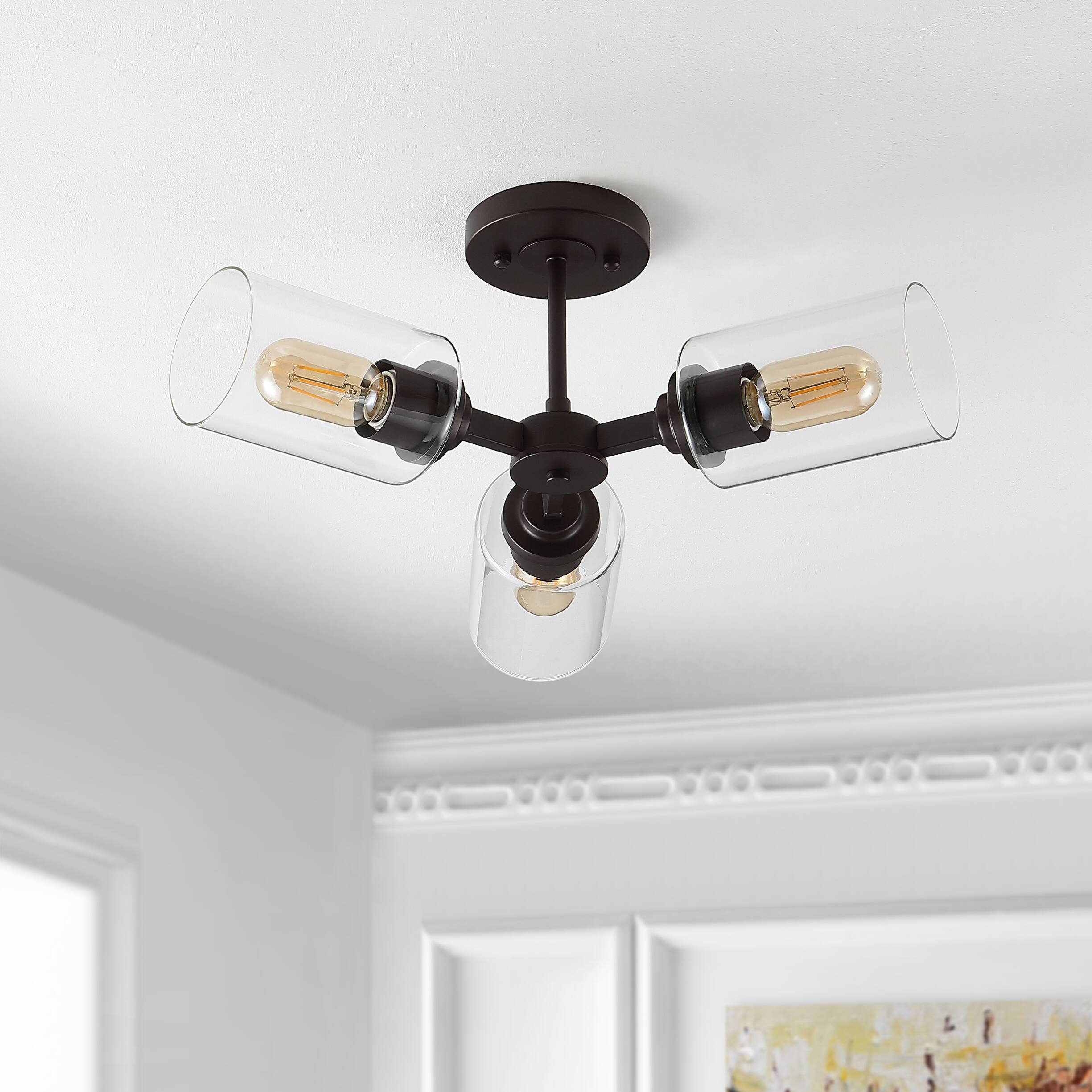 Alt View 5. Jonathan Y - Jaymes 20" 3-Light Farmhouse Industrial Iron Cylinder LED Semi Flush Mount, Oil Rubbed Bronze/Clear - Oil Rubbed Bronze.