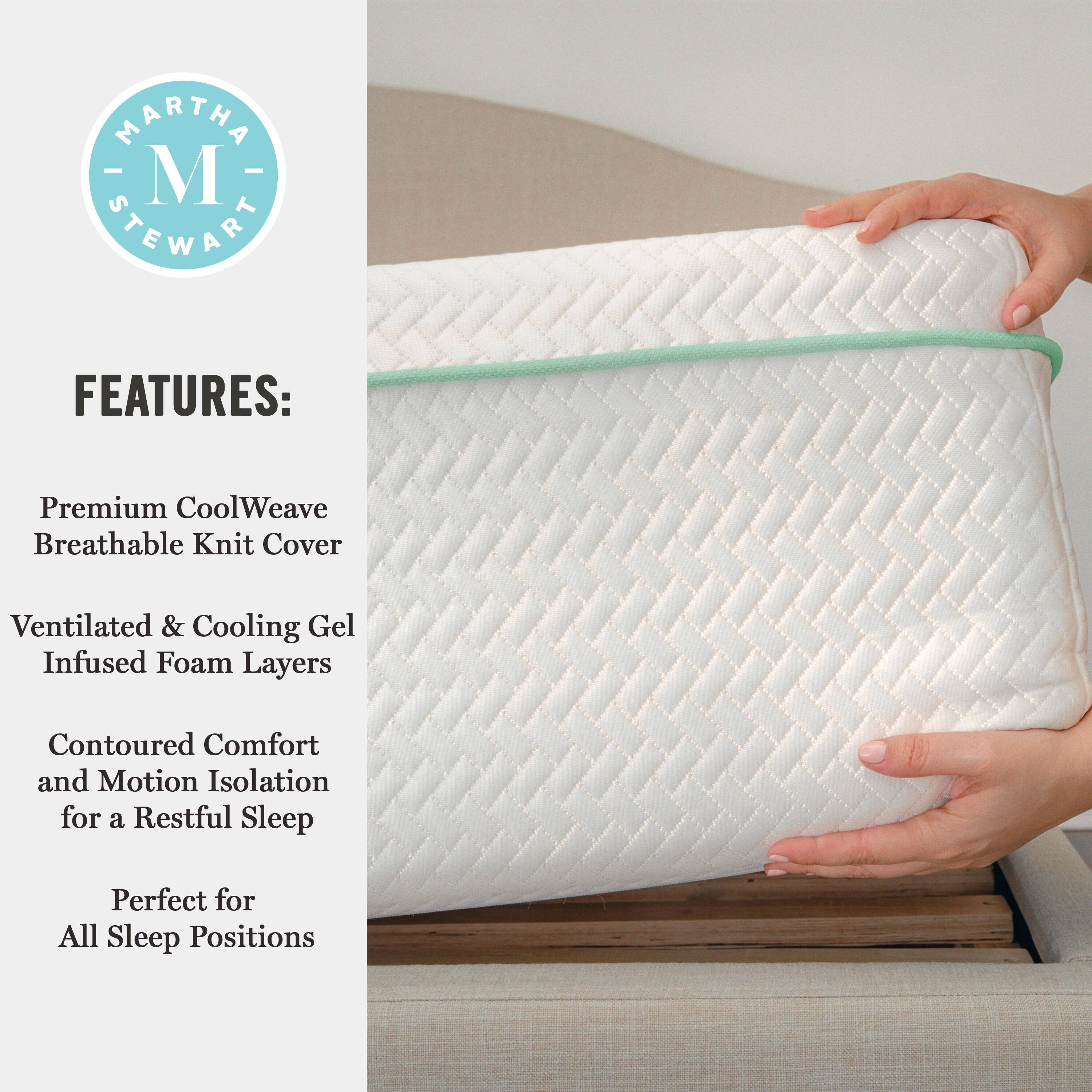 Martha Stewart Features: Premium CoolWeave Breathable Knit Cover, Ventilated & Cooling Gel Infused Foam Layers, Contoured Comfort and Motion Isolation for a Restful Sleep, Perfect for All Sleep Positions.