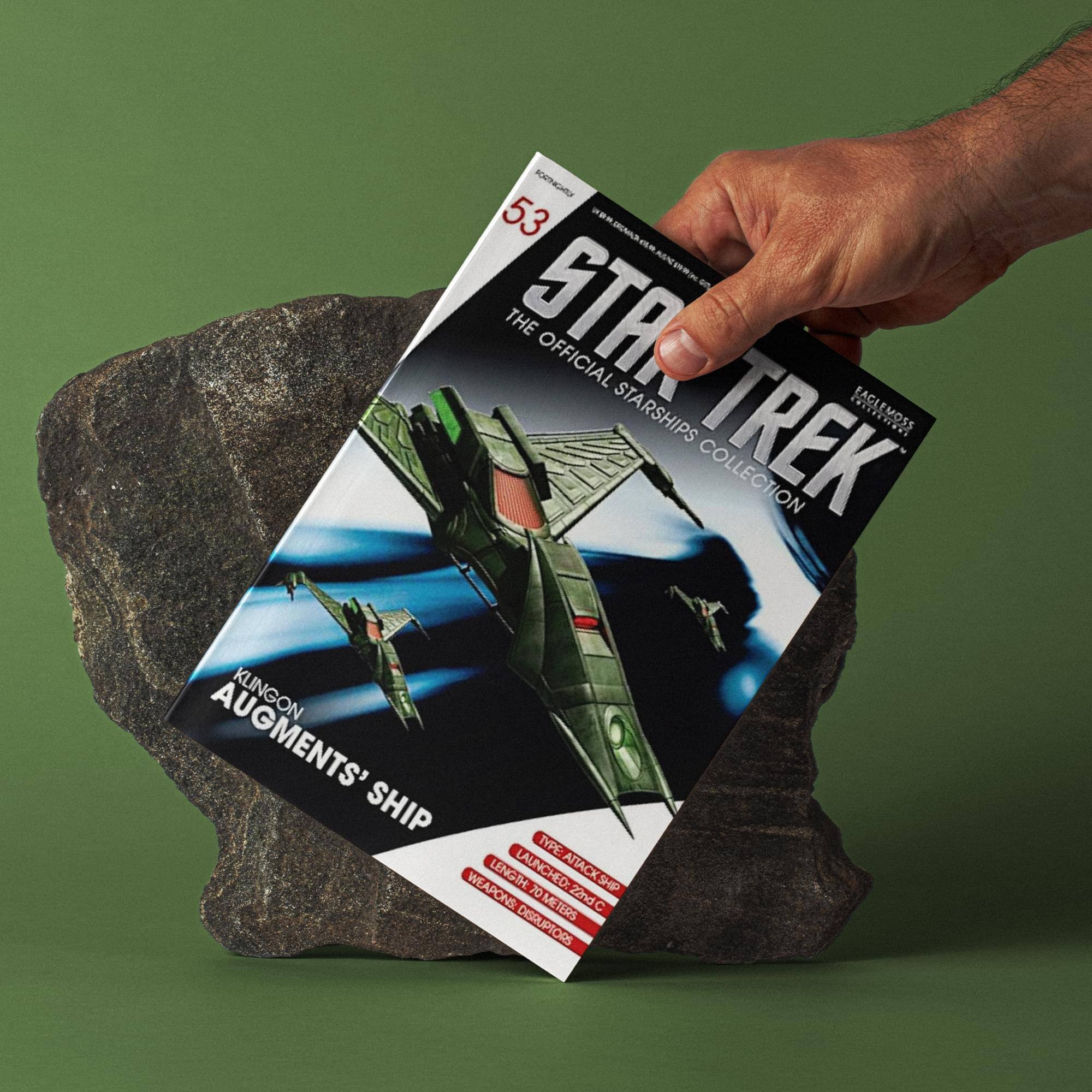 ORNHT 53 d - DNS www.DNRACON.CO an THE STAG OFFICIAL EAGLEMOSS STARSHIPS TREK COLLECTION KLINGON AUGMENTS' SHIP TYPE WEAPONS: LENGTH LAUNCHED 322dC 70 ATTACK SHIP SHP 70 METERS 22ndC C DISRUPTORS