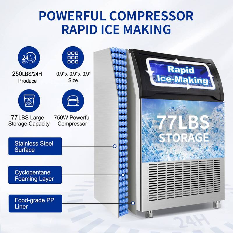 **POWERFUL COMPRESSOR RAPID ICE MAKING**

- **250LBS/24H Produce**
- **0.9"x 0.9"x 0.9" Size**
- **77LBS Large Storage Capacity**
- **750W Powerful Compressor**
- **Stainless Steel Surface**
- **Cyclopentane Foaming Layer**
- **Food-grade PP Liner**

**Rapid Ice-Making**

**77LBS STORAGE**