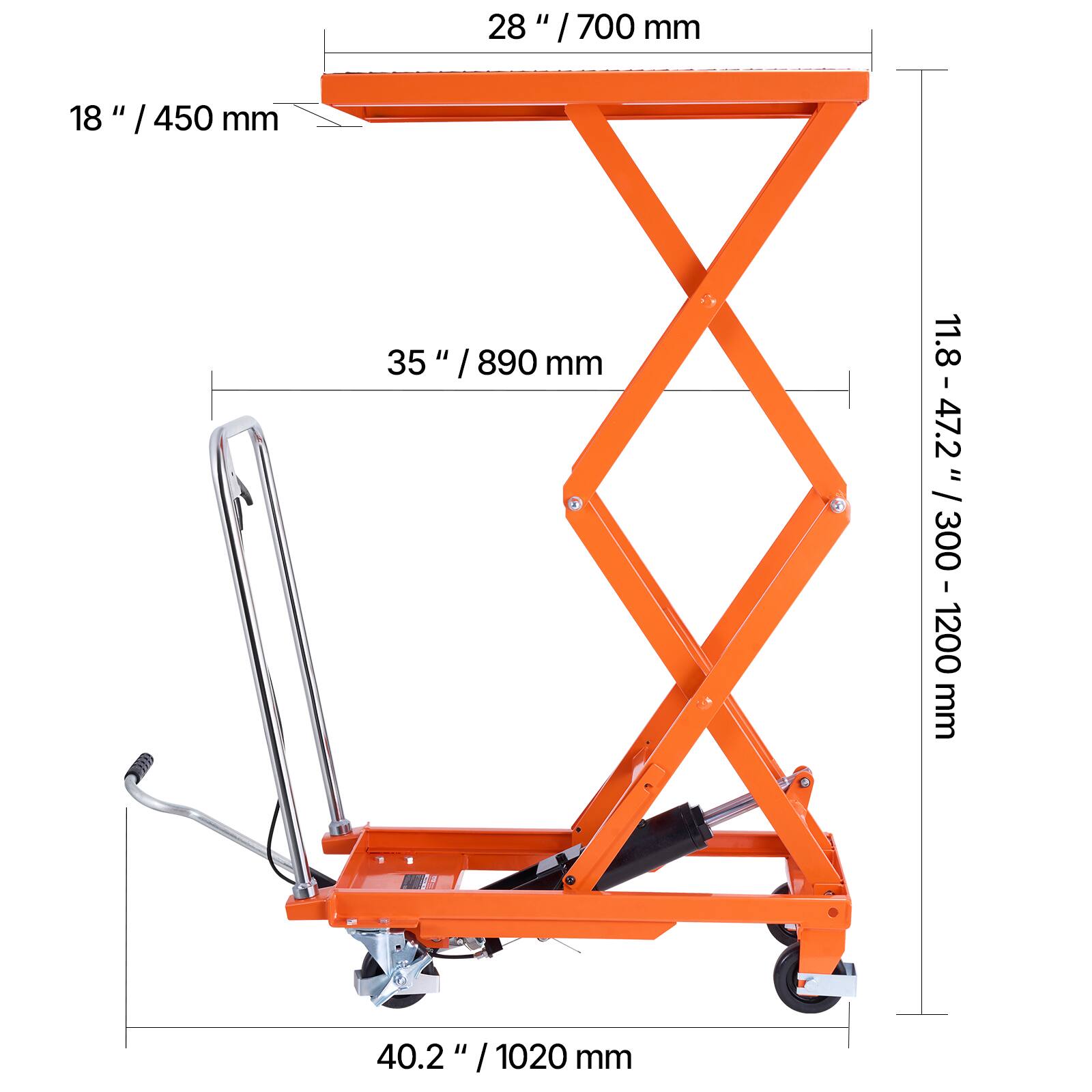 28" / 700 mm  
18" / 450 mm  
35" / 890 mm  
47.2" / 1200 mm  
40.2" / 1020 mm