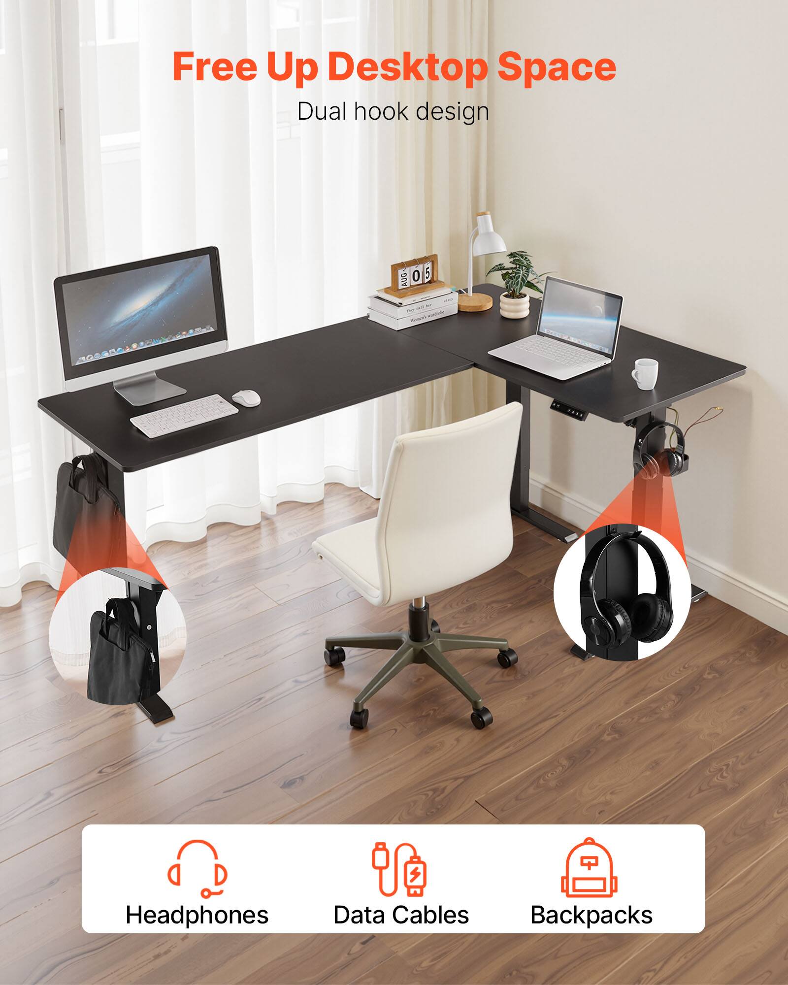 Free Up Desktop Space, Dual hook design, Headphones, Data Cables, Backpacks
