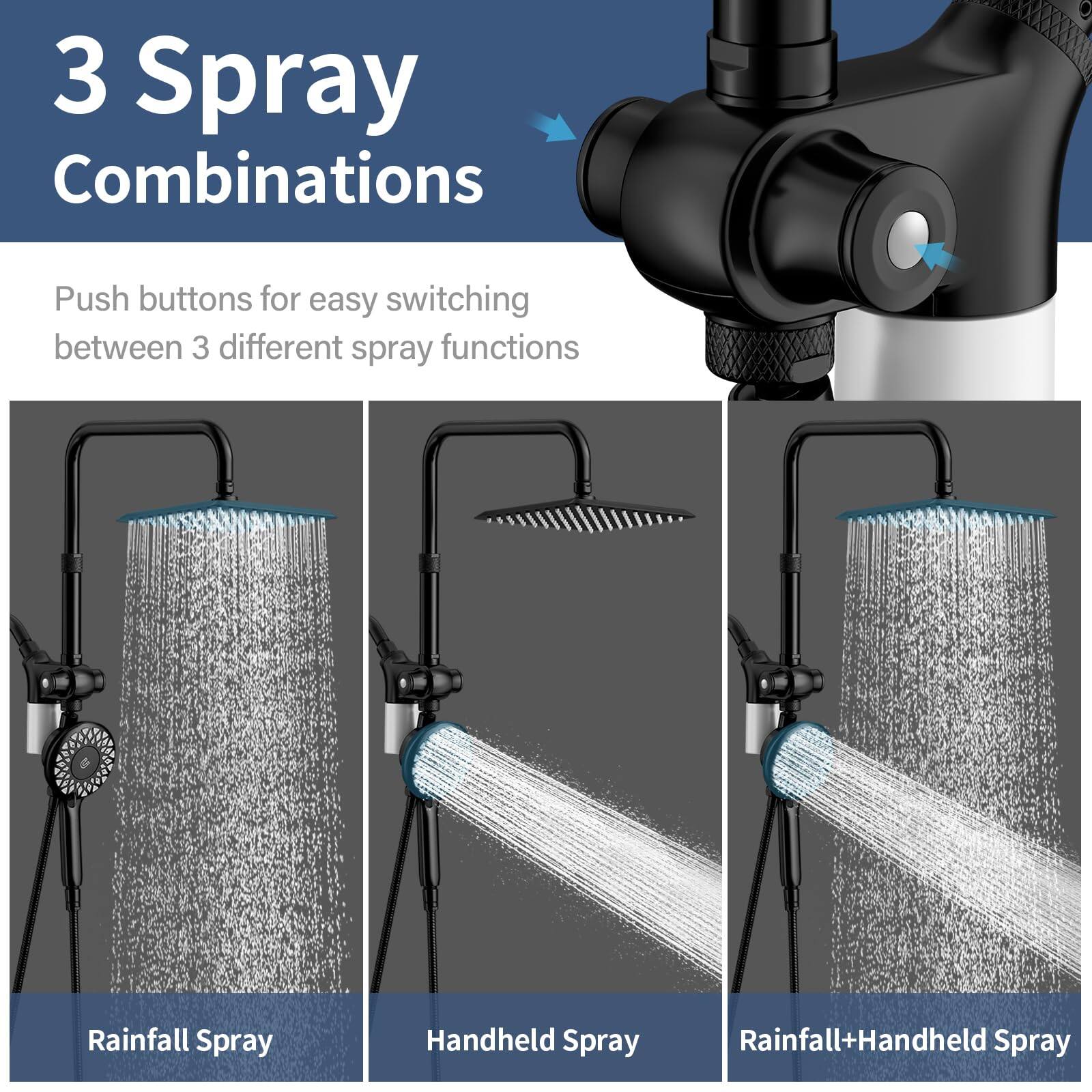 3 Spray Combinations

Push buttons for easy switching between 3 different spray functions

Rainfall Spray  
Handheld Spray  
Rainfall+Handheld Spray