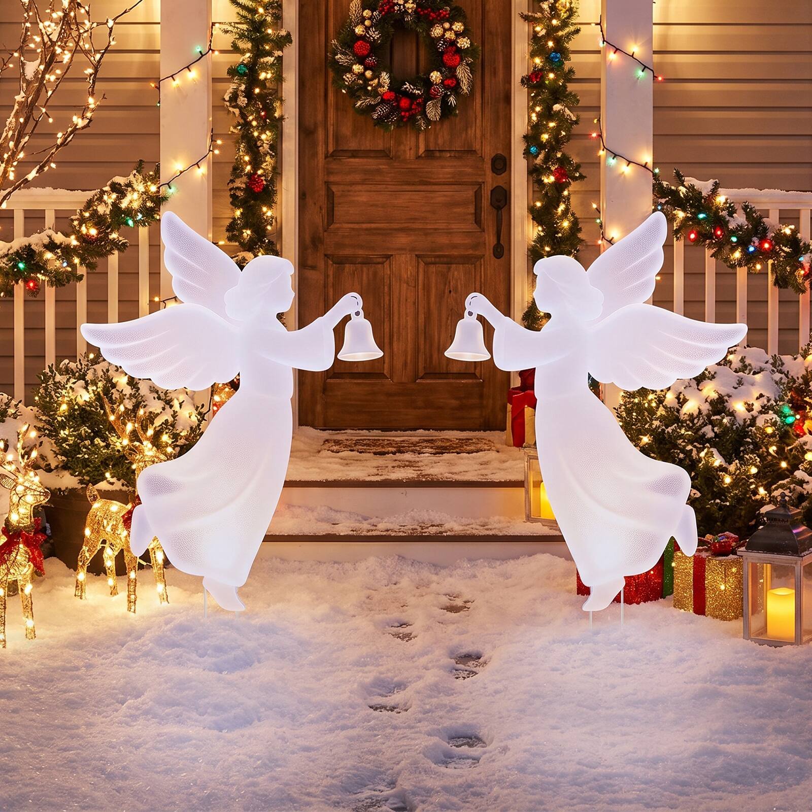 Front. Costway - Costway Set of 2 Xmas Holiday Annunciation Angel Sign with Metal Ground Stakes for Lawn - Pink.