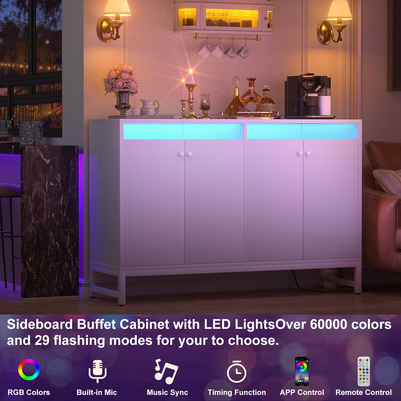 Sideboard Buffet Cabinet with LED Lights  
Over 60000 colors and 29 flashing modes for you to choose.  

RGB Colors  
Built-in Mic  
Music Sync  
Timing Function  
APP Control  
Remote Control