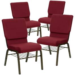 Emma + Oliver - 4 Pack 18.5''W Church Chair with Book Rack - Burgundy Fabric/Gold Vein Frame