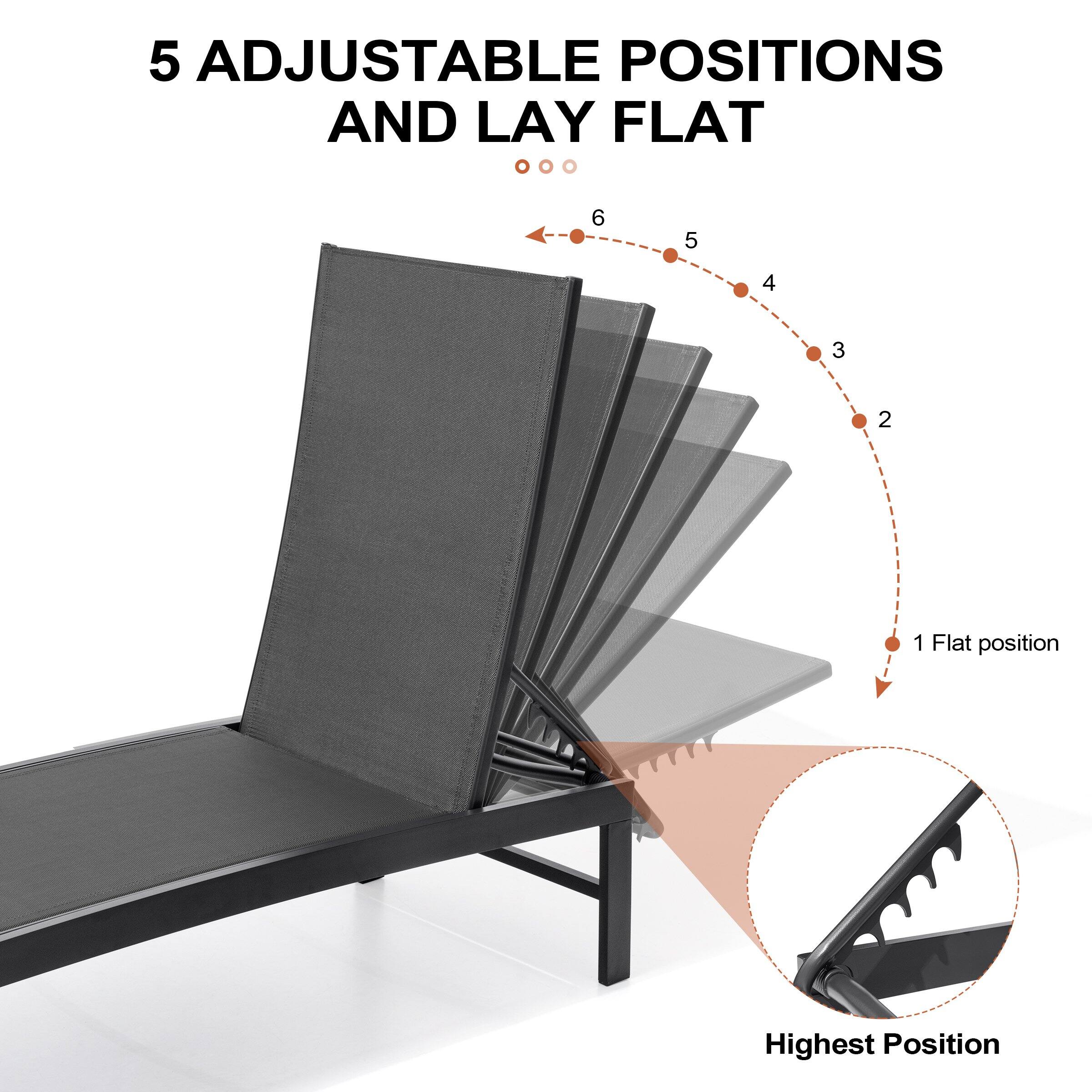 5 Adjustable Positions and Lay Flat

1. Flat position
2. 
3. 
4. 
5. 
6. Highest Position