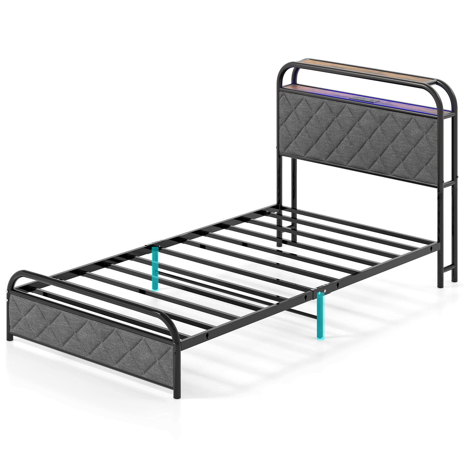 Alt View 7. LUCKY ONE - Twin Assembled Platform Bed Frame with LED Lights Charging Station Storage Headboard - Black-Twin.