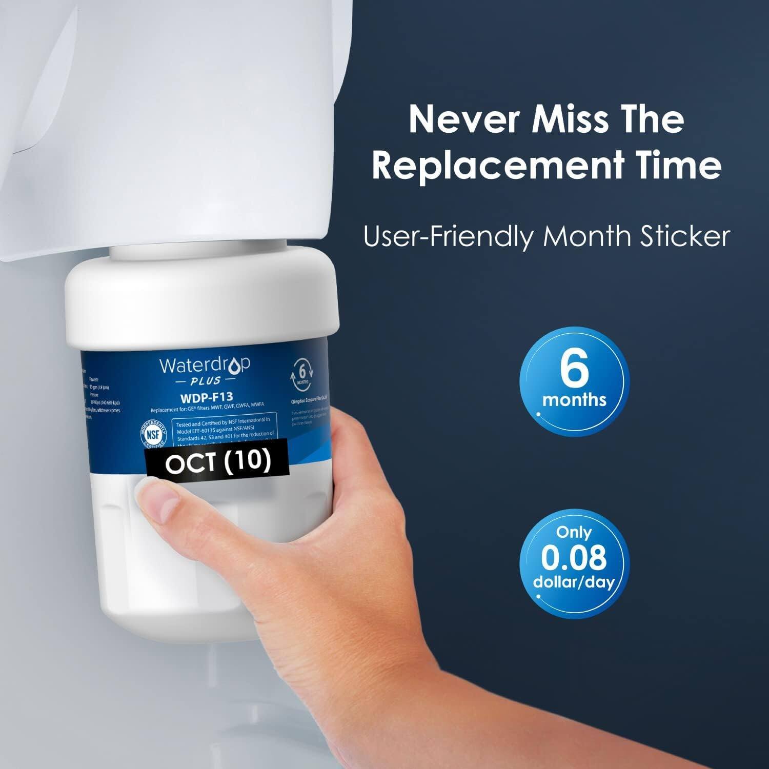 Never Miss The Replacement Time User-Friendly Month Sticker. Waterdrop PLUS WDP-F13. Replacement Time Lasts 6 Months. Only 0.08 dollar/day.