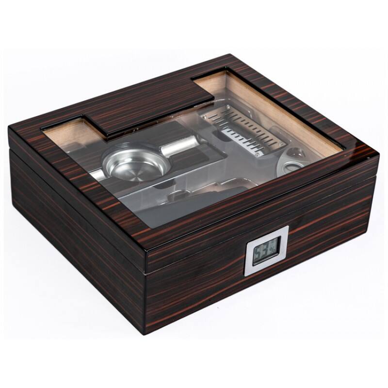 Left. Prestige - Kensington Humidor Gift Set - Ultra-Rich High Gloss Ebony Cherry Wood Finish.