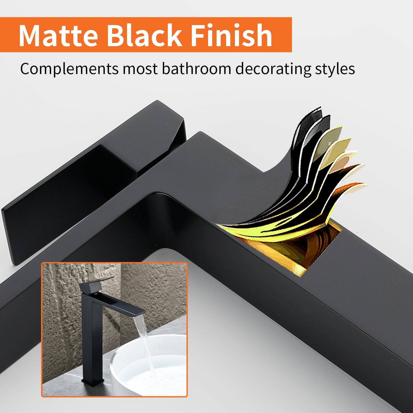 Matte Black Finish  
Complements most bathroom decorating styles