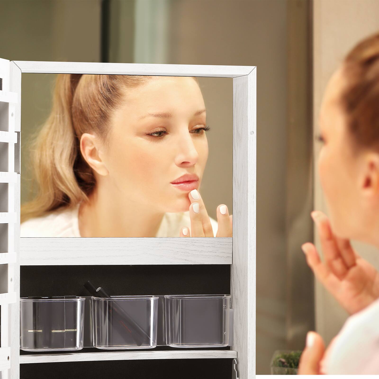 Alt View 3. Oumilen - 360° Rotating Jewelry Armoire with Full-Length Mirror, White.