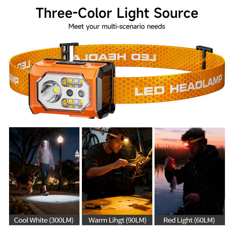 Three-Color Light Source  
Meet your multi-scenario needs  

LED HEADLAMP  
Cool White (300LM)  
Warm Light (90LM)  
Red Light (60LM)