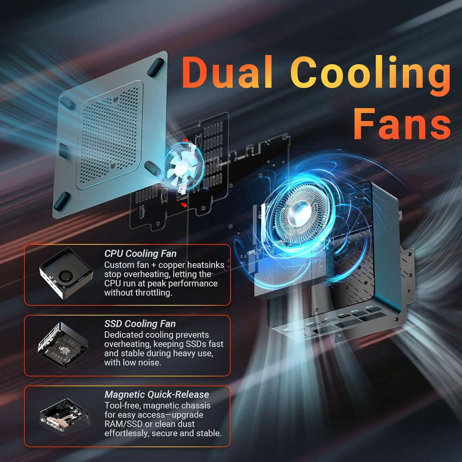 Dual Cooling Fans

CPU Cooling Fan
Custom fan + copper heatsinks stop overheating, letting the CPU run at peak performance without throttling.

SSD Cooling Fan
Dedicated cooling prevents overheating, keeping SSDs fast and stable during heavy use, with low noise.

Magnetic Quick-Release
Tool-free, magnetic chassis for easy access-upgrade RAM/SSD or clean dust effortlessly, secure and stable.