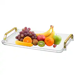 Unique Bargains - Plastic Serving Tray with Golden Handle, 12x8.6" Modern Rectangular Acrylic Reusable Tea Platter for Kitchen - Transparent