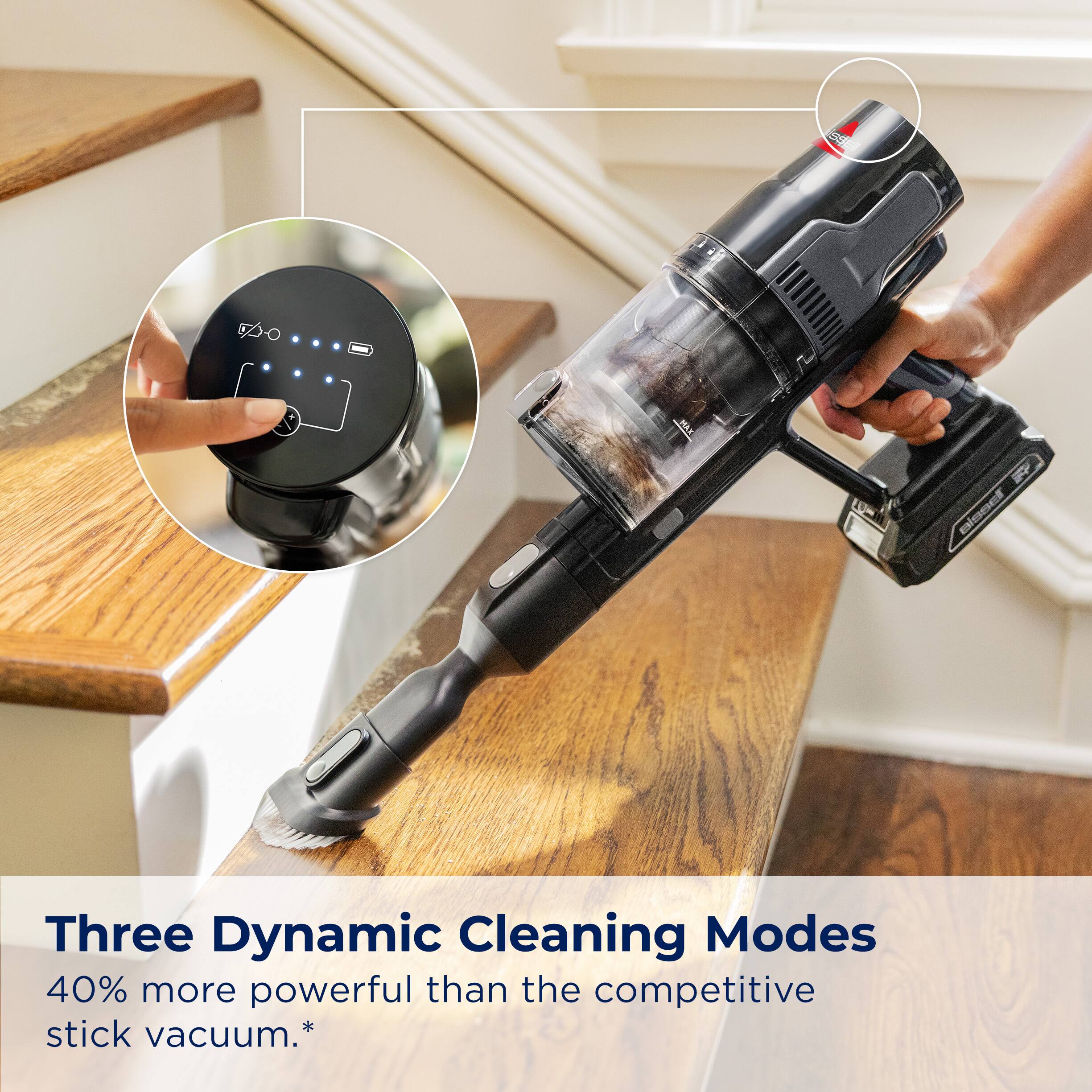 "Three Dynamic Cleaning Modes 40% more powerful than the competitive stick vacuum."