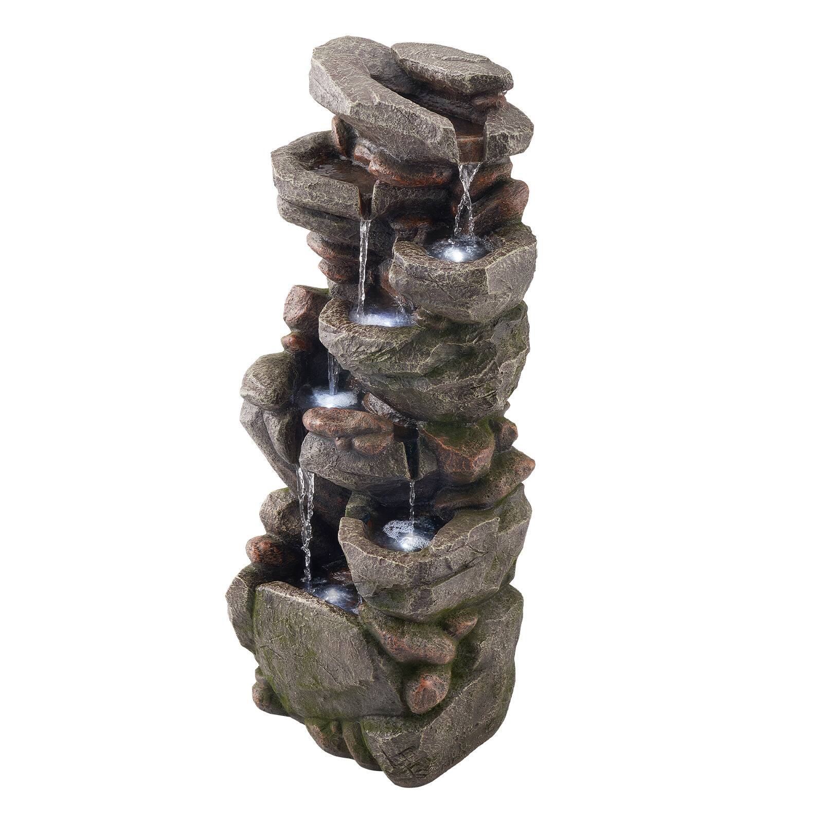 Front. VEVOR - Outdoor Water Fountain, 38.98 in Tall, 7-Tier Rock-Inspired Cascading Design with LED Light and Pump, Ideal for Gardens - Stone Gray.
