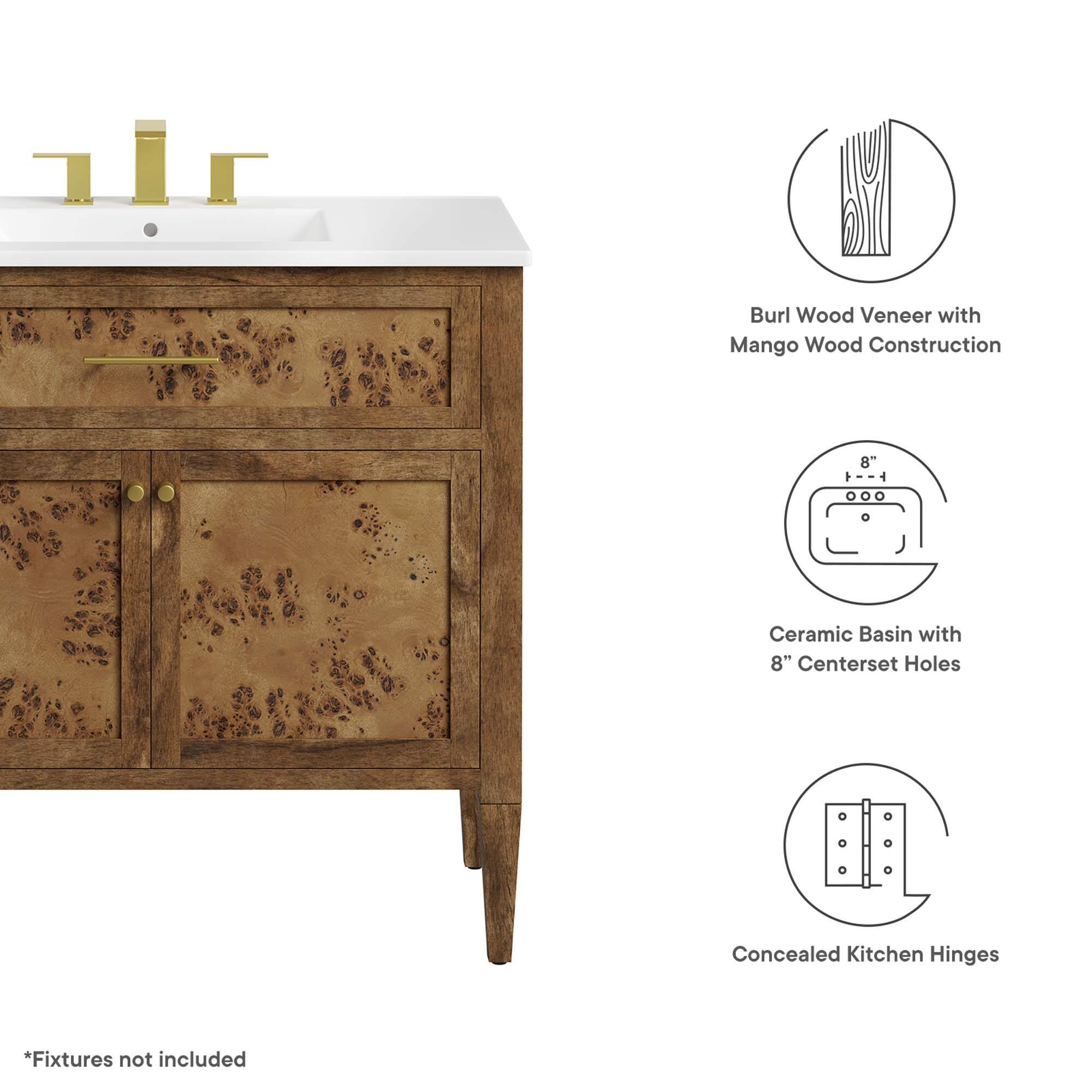 Burl Wood Veneer with Mango Wood Construction  
Ceramic Basin with 8" Centerset Holes  
Concealed Kitchen Hinges  
*Fixtures not included