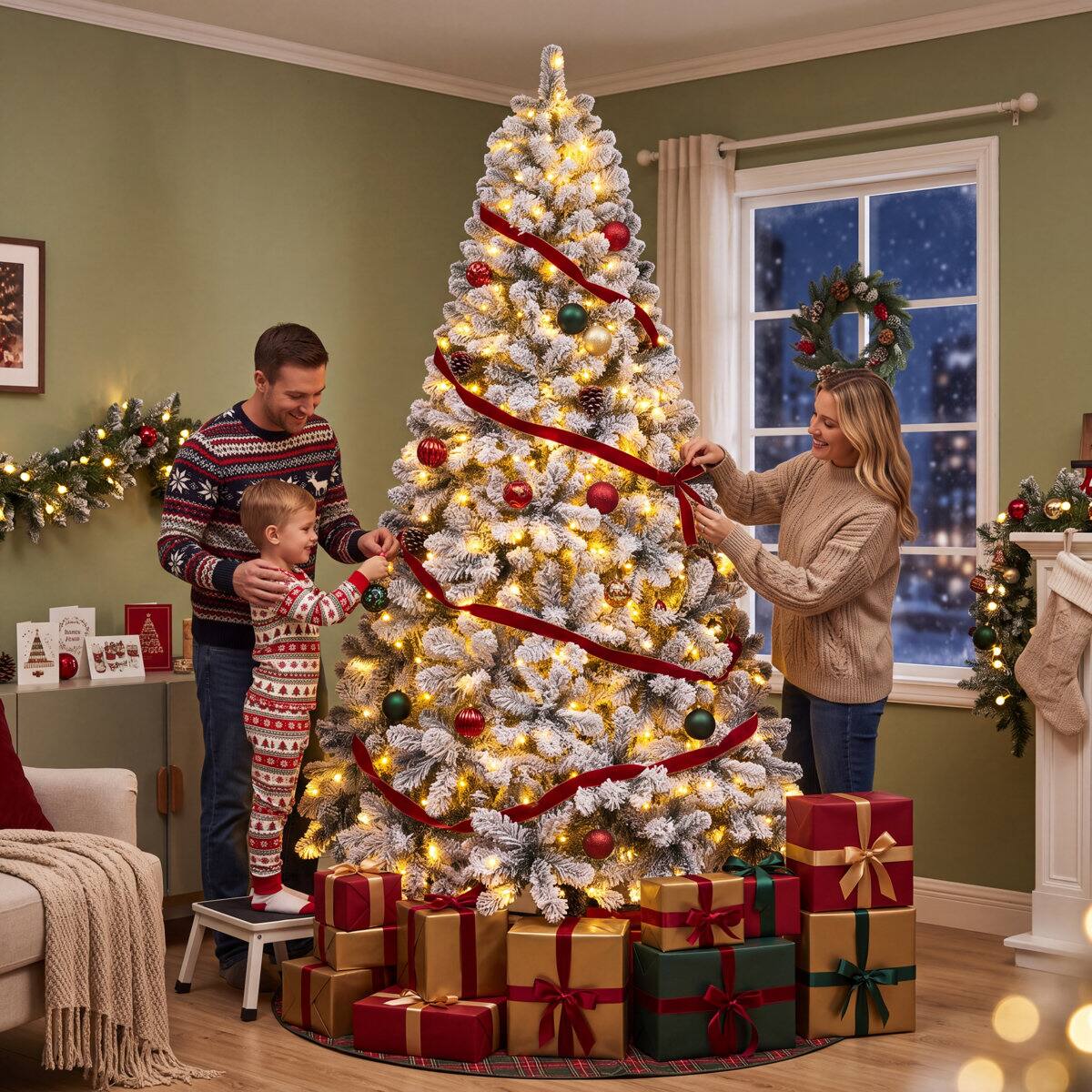 Alt View 8. Wisairt - 6FT Pre-Lit Flocked Artificial Christmas Tree, 800 Snowy Tips, 250 LED 11 Modes - Green.