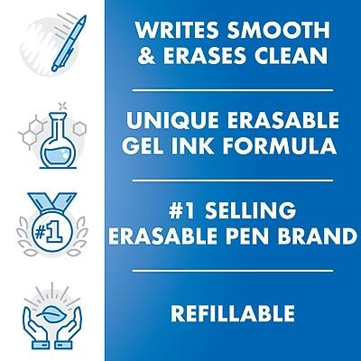 WRITES SMOOTH & ERASES CLEAN  
UNIQUE ERASABLE GEL INK FORMULA  
#1 SELLING ERASABLE PEN BRAND  
REFILLABLE