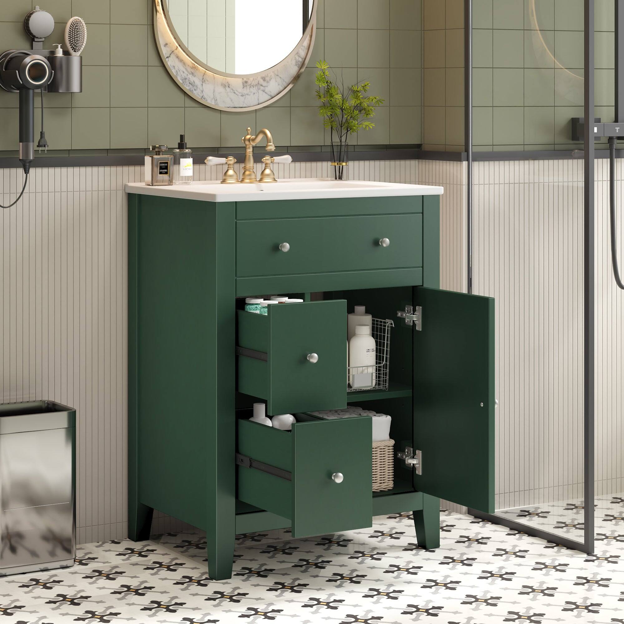 Alt View 2. Boyel Living - 24 Inch Modern Bathroom Vanity with Ceramic Basin and Drawers Green - Green.