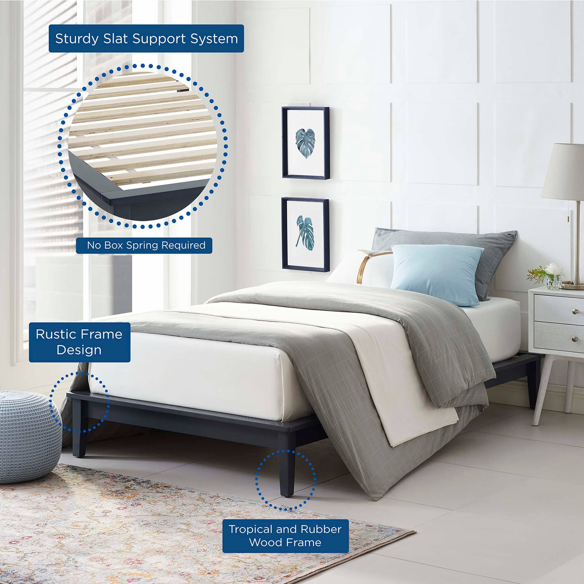 - Sturdy Slat Support System
- No Box Spring Required
- Rustic Frame Design
- Tropical and Rubber Wood Frame
