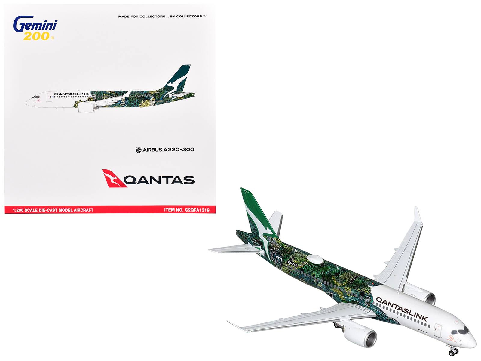 Gemini 200  
MADE FOR COLLECTORS... BY COLLECTORS  

AIRBUS A220-300  
QANTASLINK  

1:200 SCALE DIE-CAST MODEL AIRCRAFT  
ITEM NO. G2QFA1319  

QANTAS