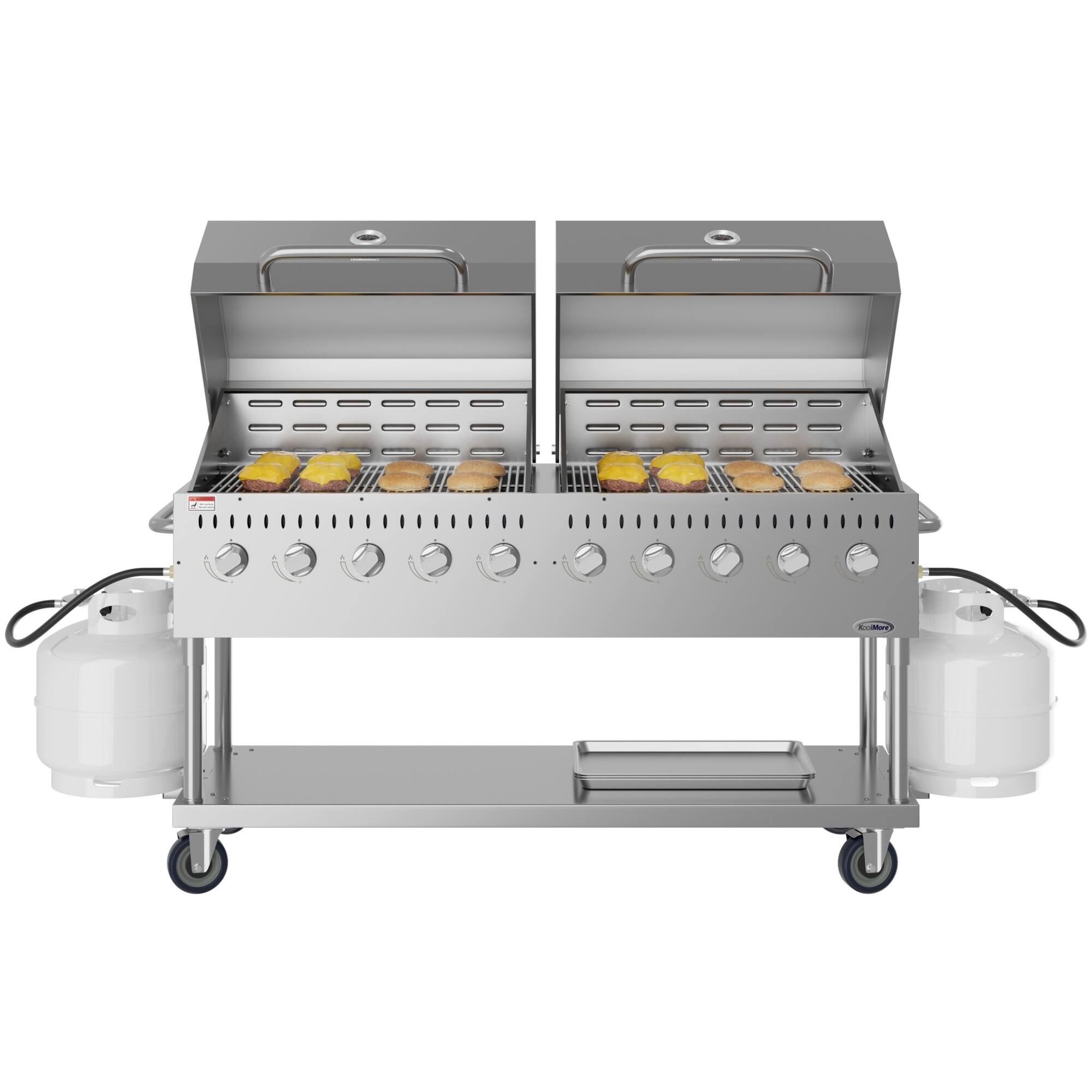 Angle. Koolmore - 72 in. 10-Burner Commercial Outdoor Propane Gas Grill with Two 36 in. Roll Dome Covers in Stainless-Steel, ETL Listed - Stainless Steel.