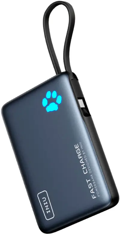 INIU - Portable Charger, Compact 10000mAh PD 20W Power Bank with Built-in USB-C Cable(IN&OUT) for iPhone, Samsung etc. - Black