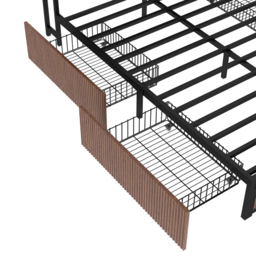 Back. LUCKY ONE - Queen Size Wooden Platform Bed Frame with Multiple Drawers Storage, USB Socket, Raised Pattern Headboard - Natural Wood.
